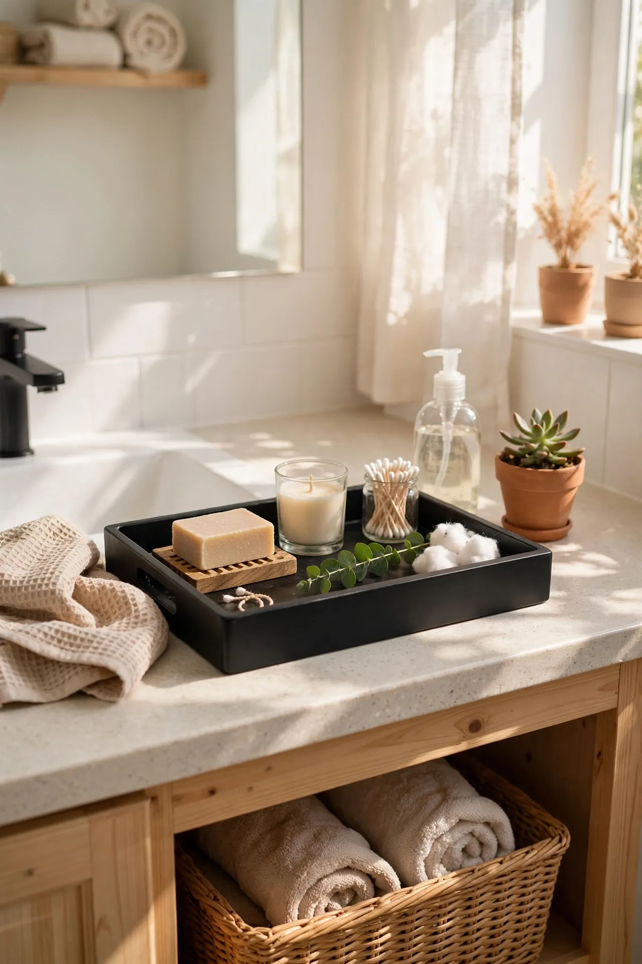 Set a Black Vanity Tray on the Countertop in a budget-friendly bathroom, styled simply
