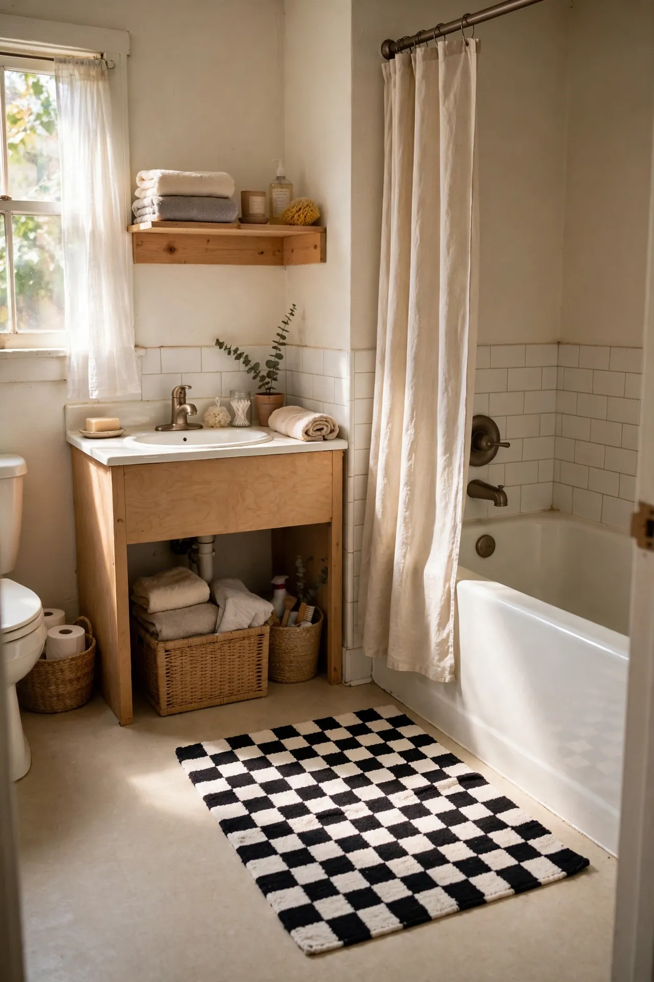 Lay a Checkerboard Bath Rug by the Tub in a budget-friendly bathroom, styled simply
