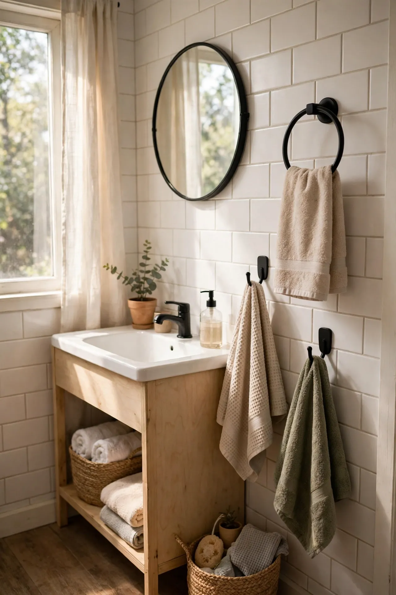 Swap Towel Rings and Hooks to Matte Black in a budget-friendly bathroom, styled simply