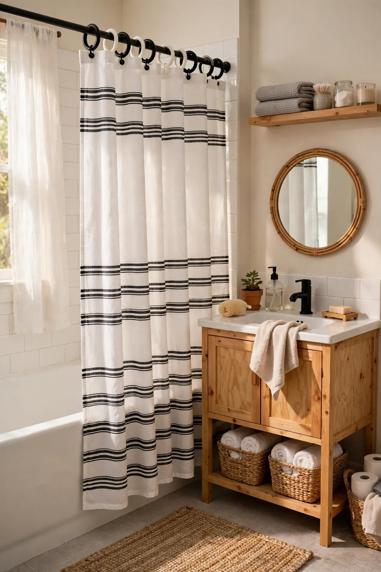 Swap to Black and White Shower Curtain Rings in a budget-friendly bathroom, styled simply