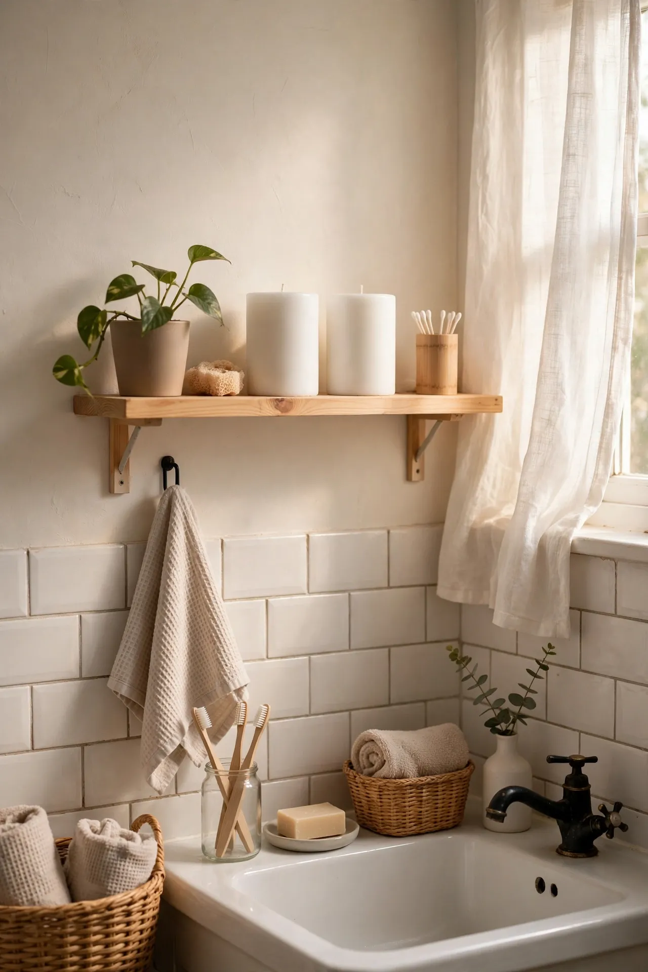Pair a Monochrome Candle Duo on the Shelf in a budget-friendly bathroom, styled simply