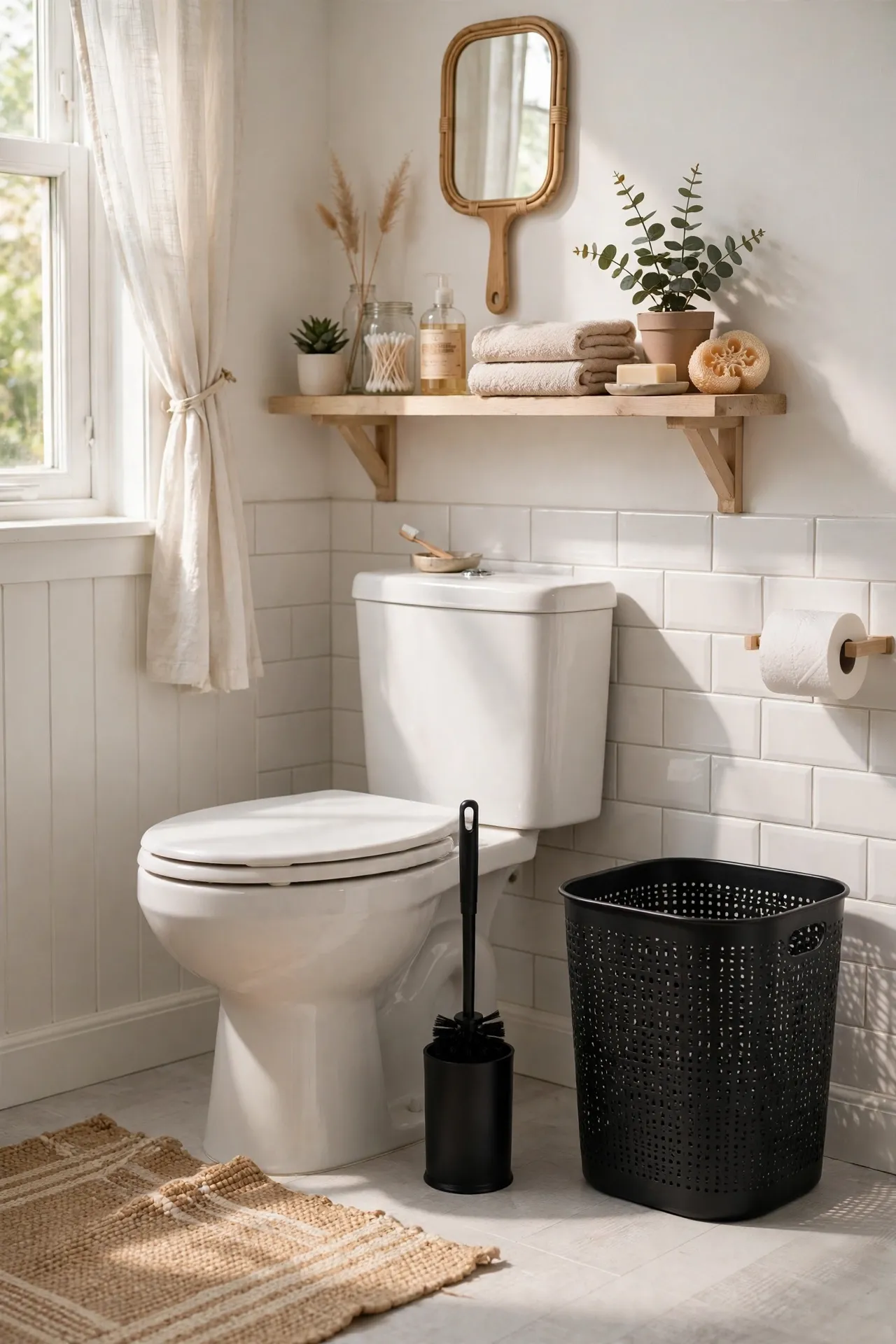 Swap to a Black Wastebasket and Brush Set in a budget-friendly bathroom, styled simply