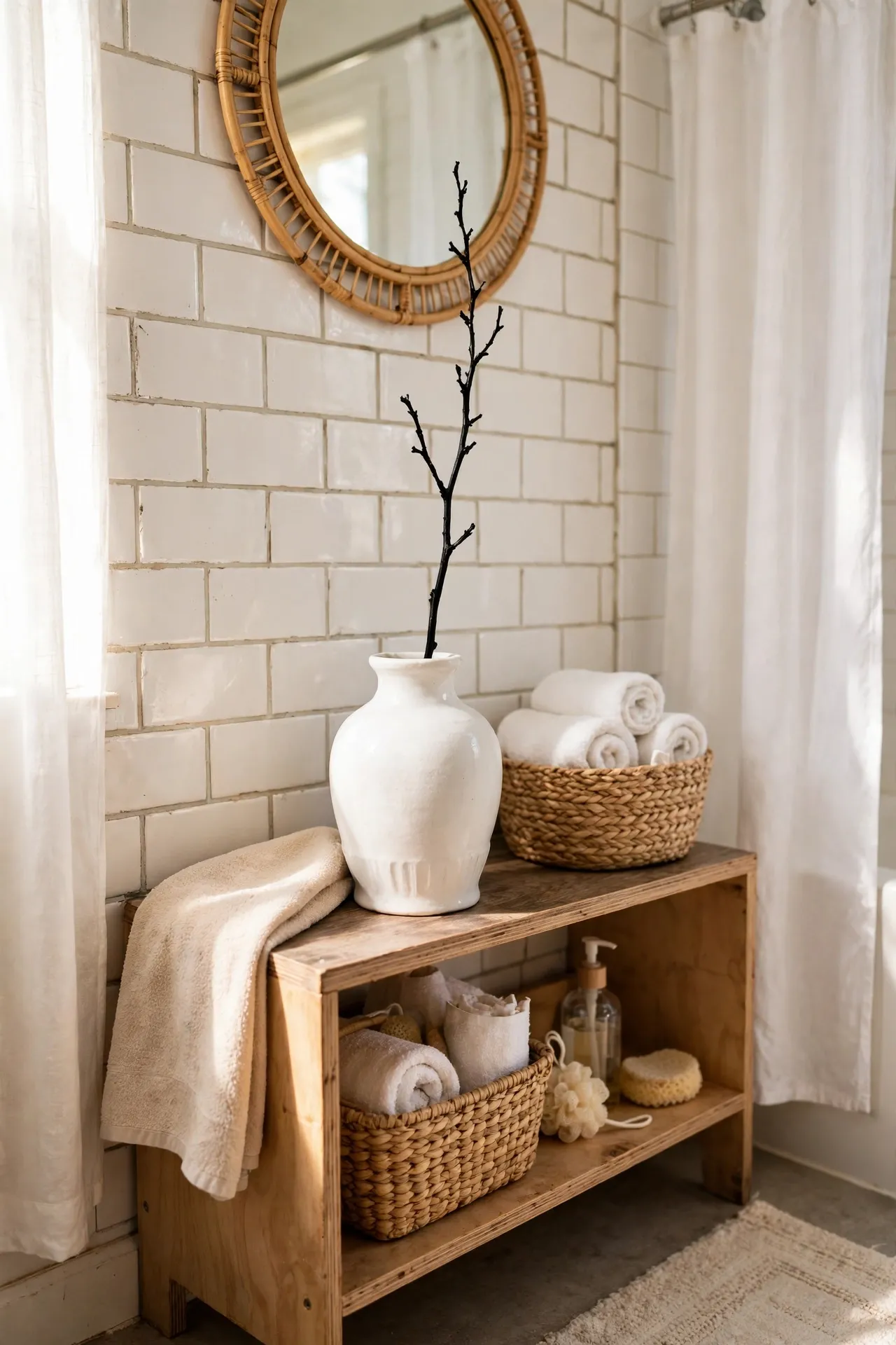 Style a White Ceramic Vase with a Single Black Stem in a budget-friendly bathroom, styled simply