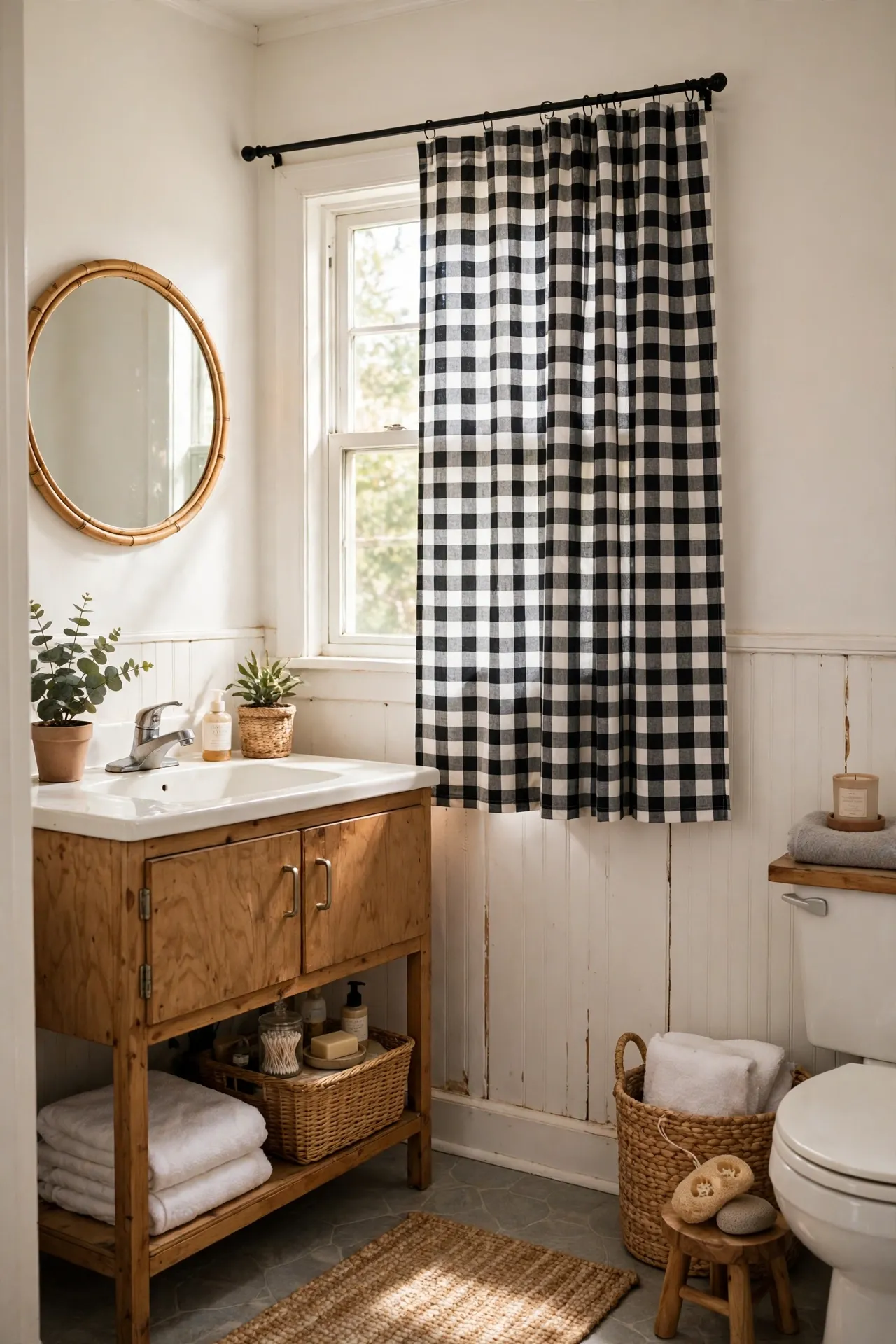 Hang a Black and White Window Curtain in a budget-friendly bathroom, styled simply