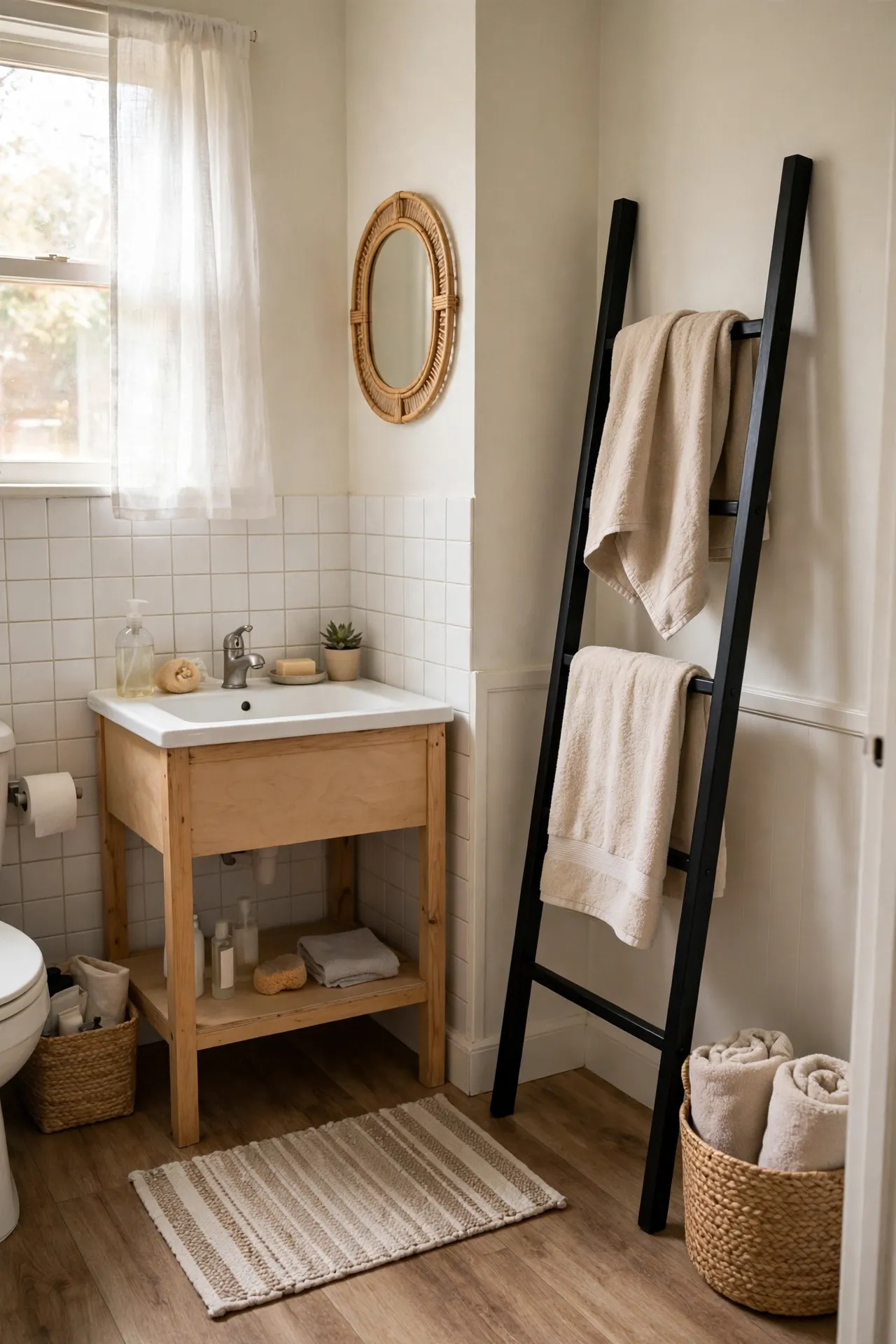 Lean a Black Ladder Towel Rack in the Corner in a budget-friendly bathroom, styled simply