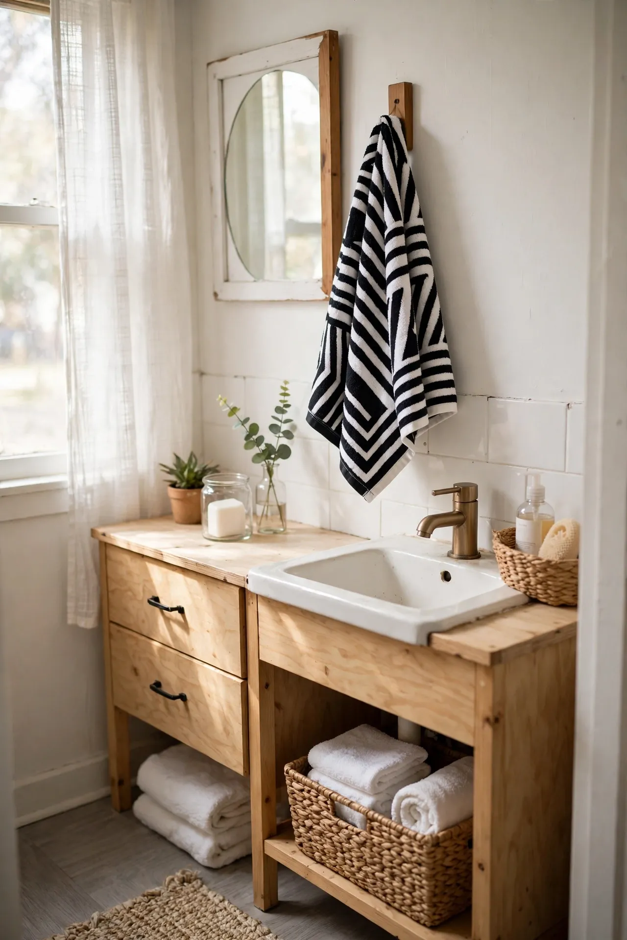 Display a Graphic Black and White Hand Towel in a budget-friendly bathroom, styled simply