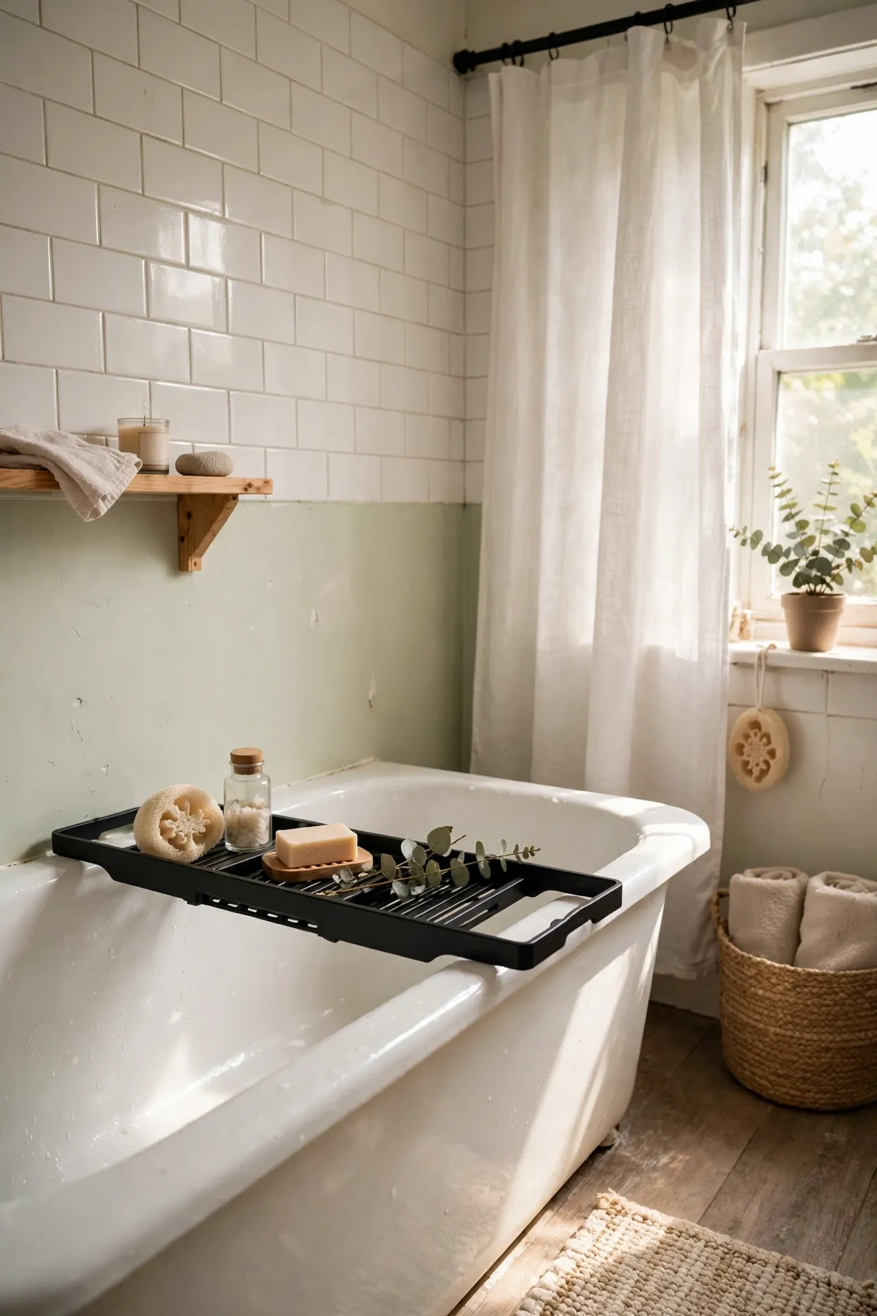 Rest a Black Bath Caddy Across the Tub in a budget-friendly bathroom, styled simply