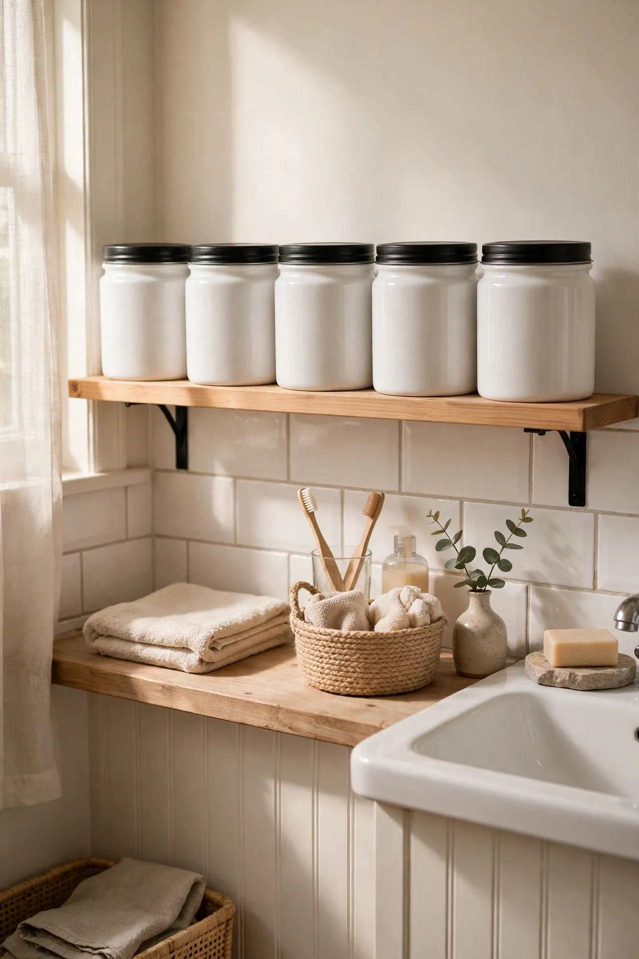 Line Up White Storage Jars with Black Lids in a budget-friendly bathroom, styled simply