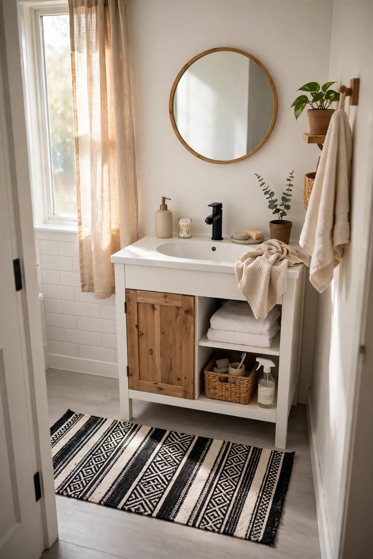 Layer a Black and White Rug Runner by the Vanity in a budget-friendly bathroom, styled simply