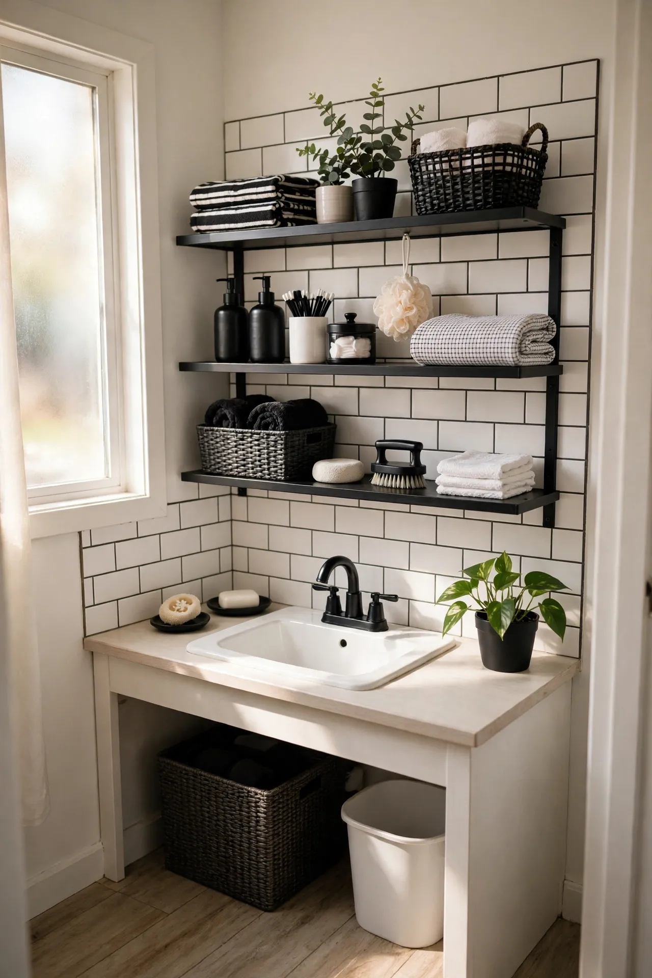 Style Open Shelves in Strict Black and White in a budget-friendly bathroom, styled simply