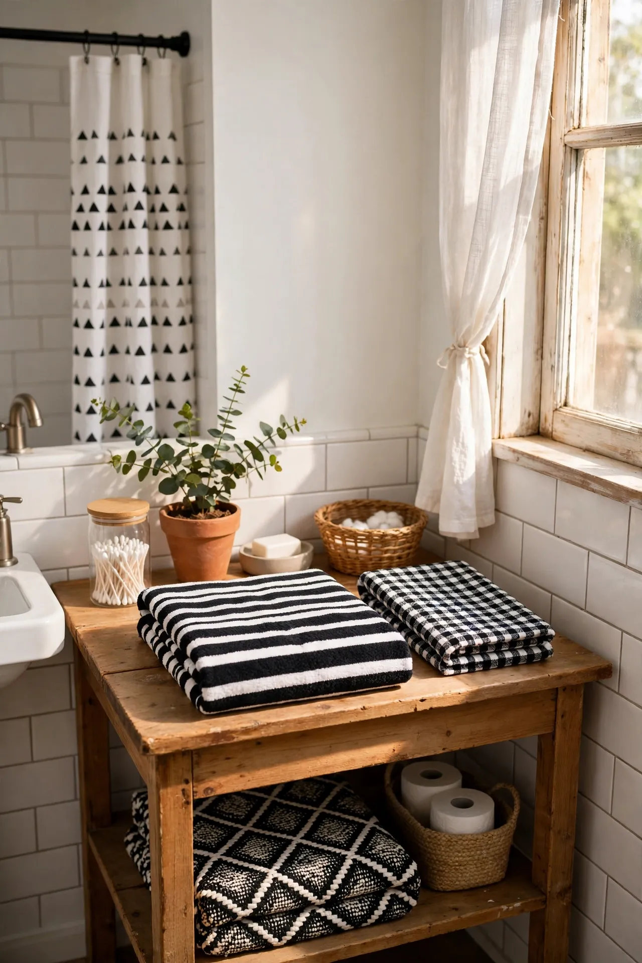 Set Out a Black and White Guest Towel Set in a budget-friendly bathroom, styled simply