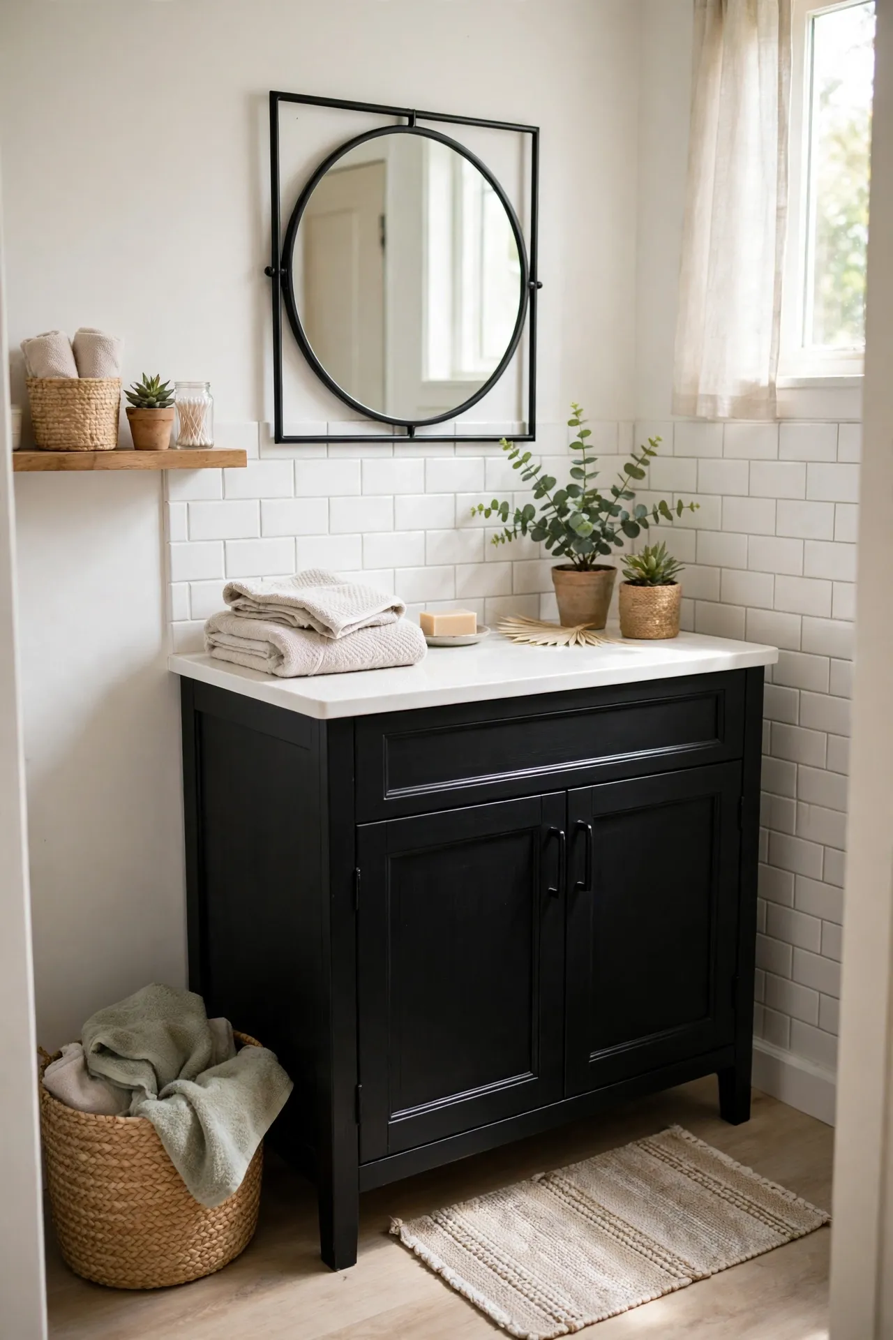 Classic Black Vanity With White Countertop in a budget-friendly bathroom with natural light