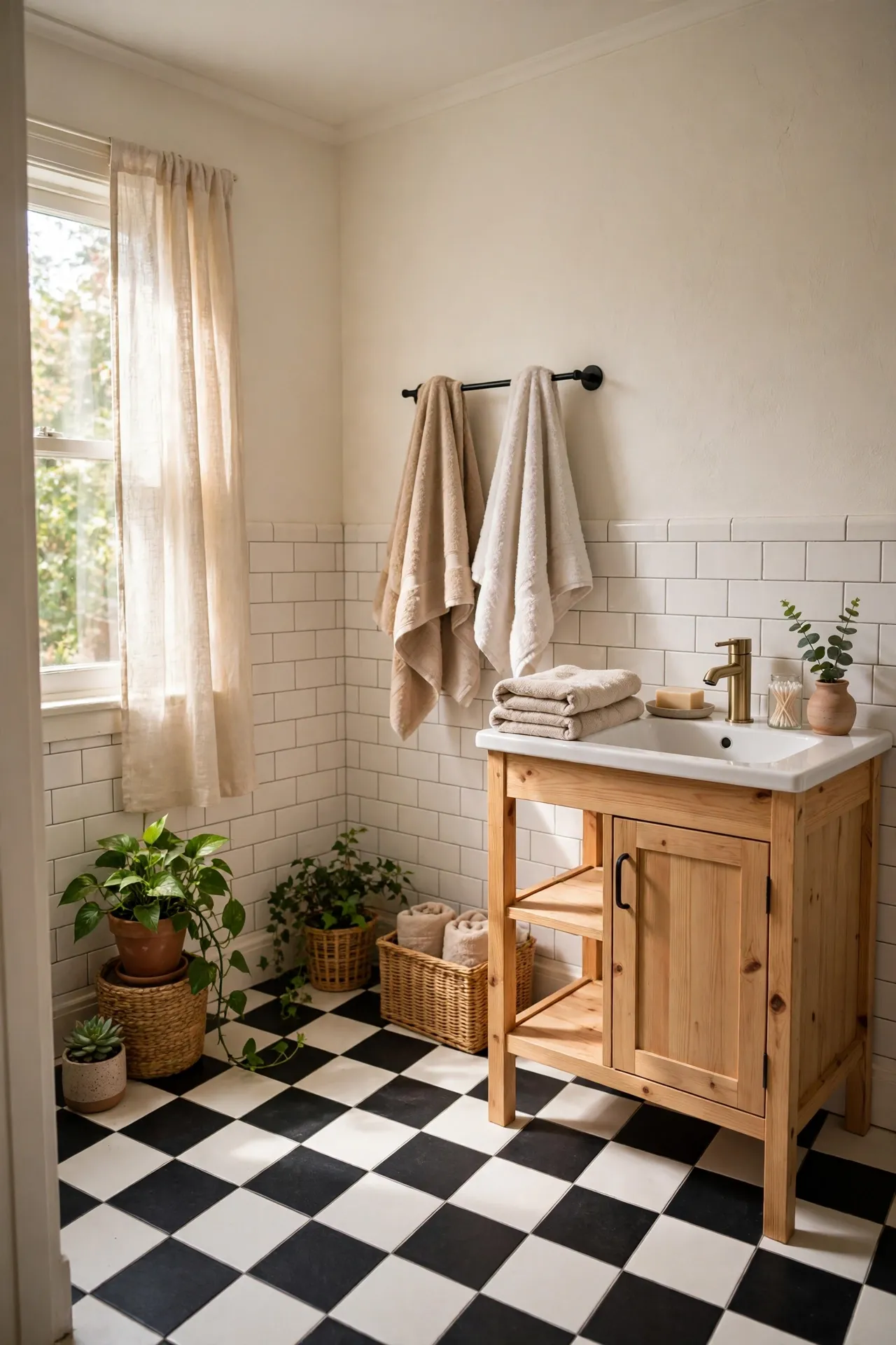 Checkerboard Peel-and-Stick Floor Tiles in a budget-friendly bathroom with natural light