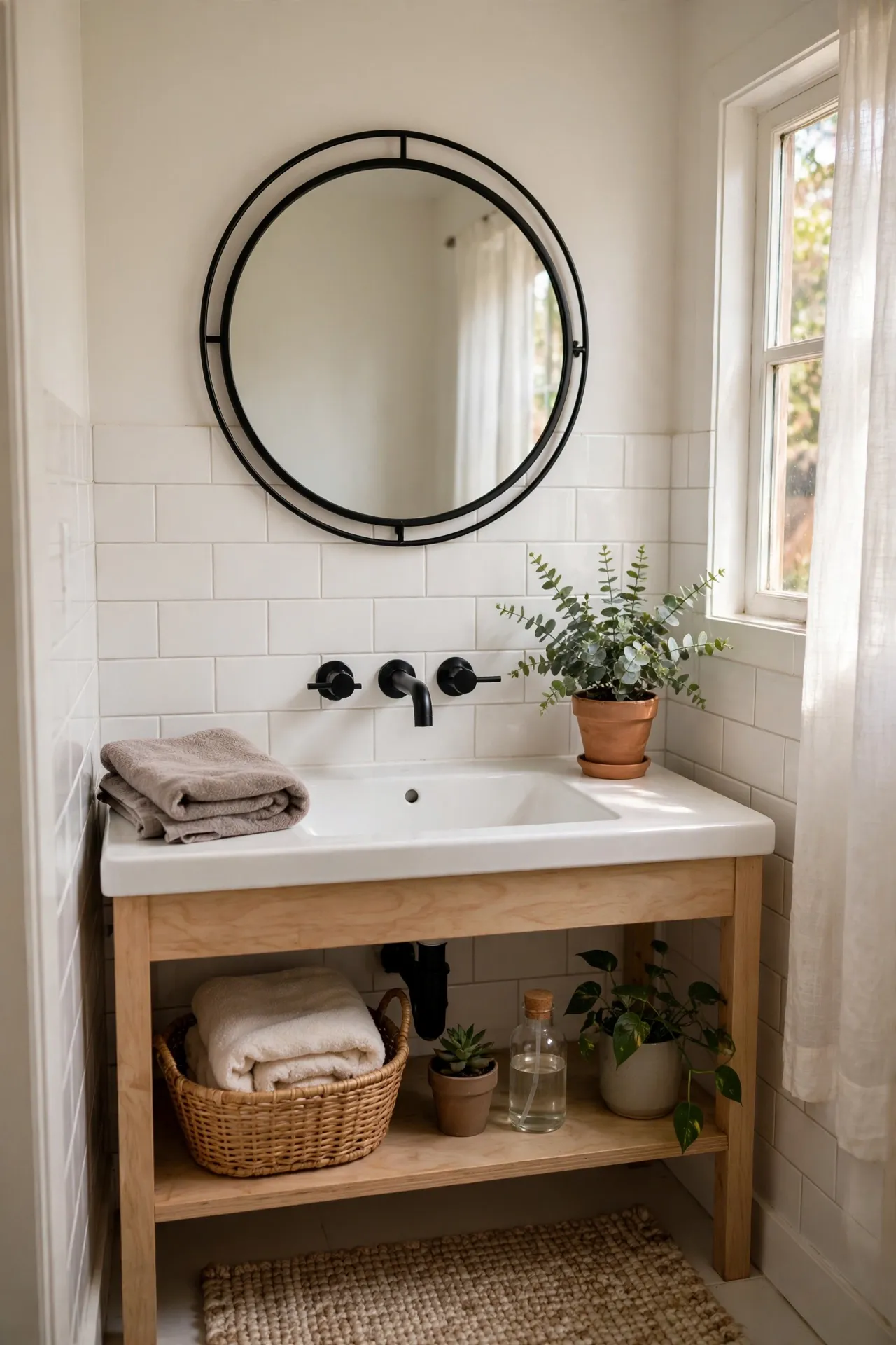 Black Framed Round Mirror Over White Sink in a budget-friendly bathroom with natural light