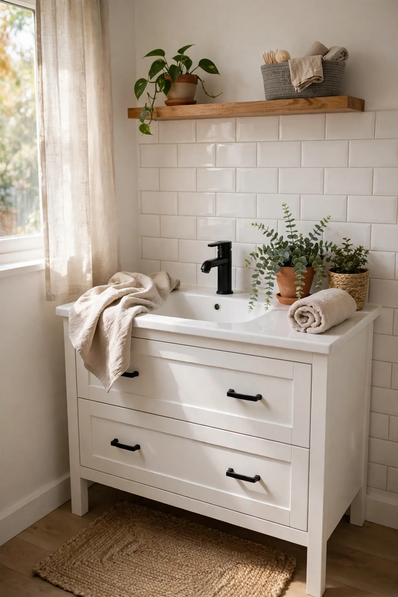 Matte Black Faucets on White Vanity in a budget-friendly bathroom with natural light