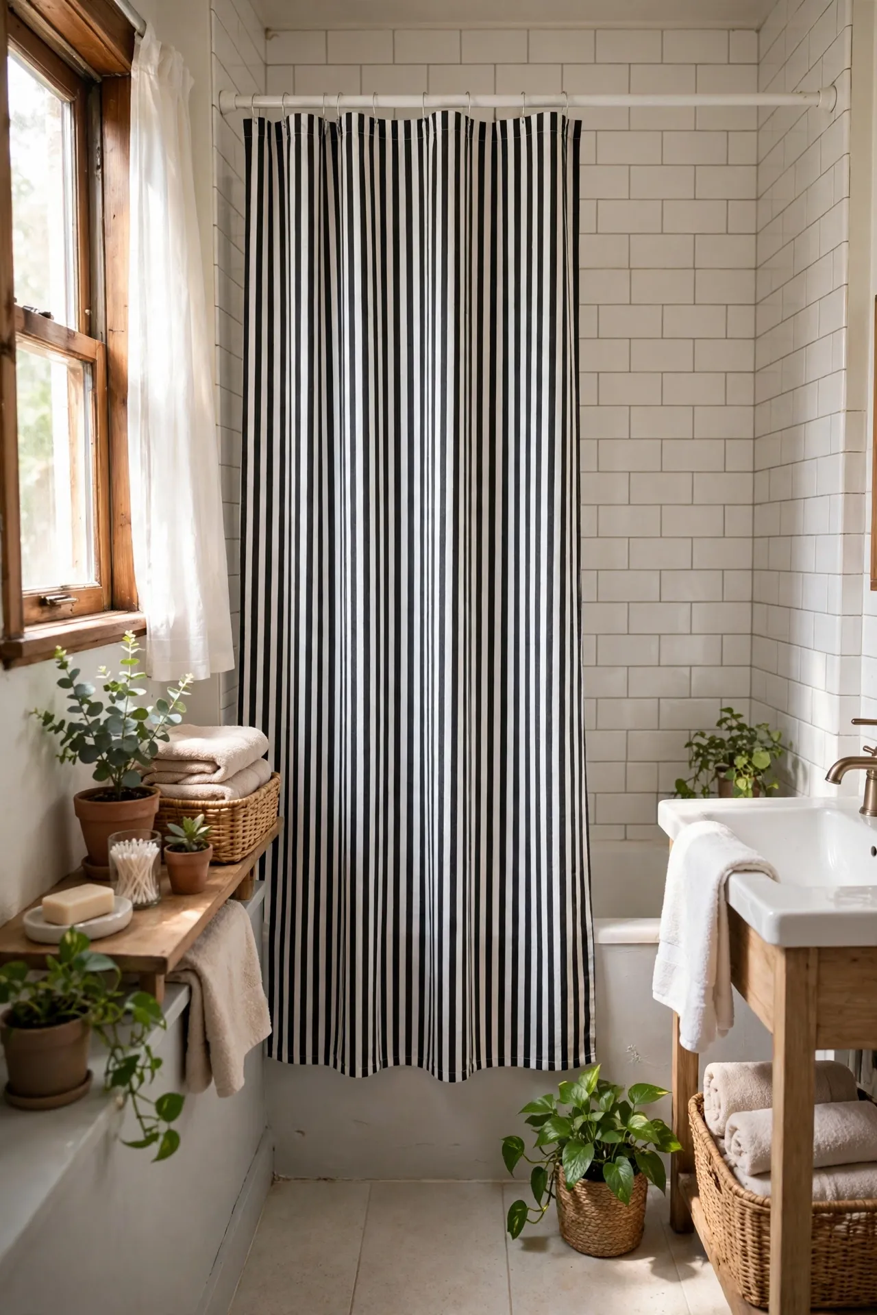 Black and White Striped Shower Curtain in a budget-friendly bathroom with natural light