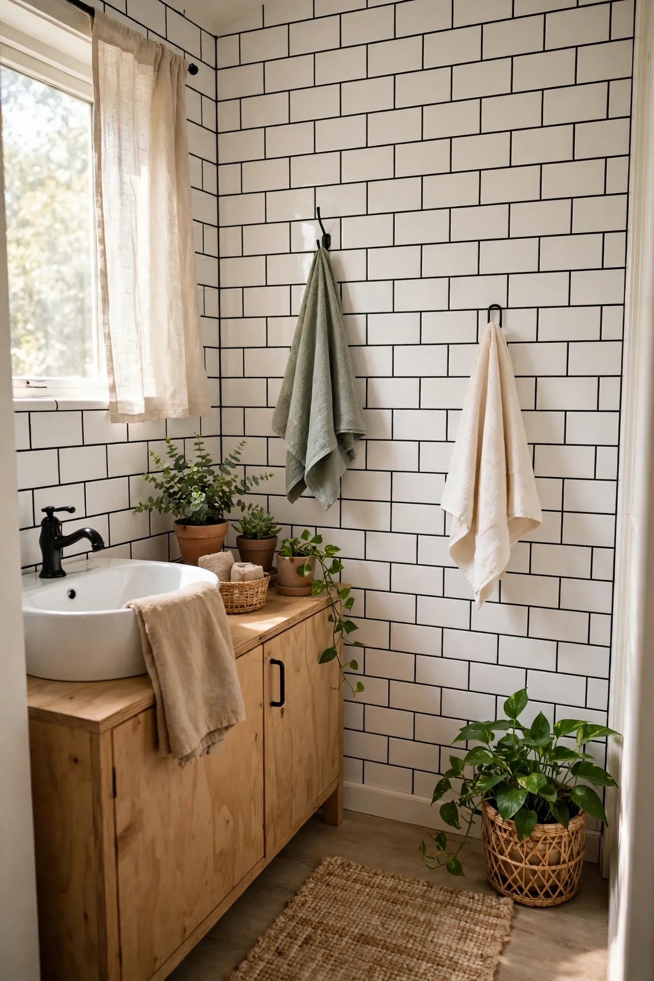 White Subway Tile With Black Grout in a budget-friendly bathroom with natural light