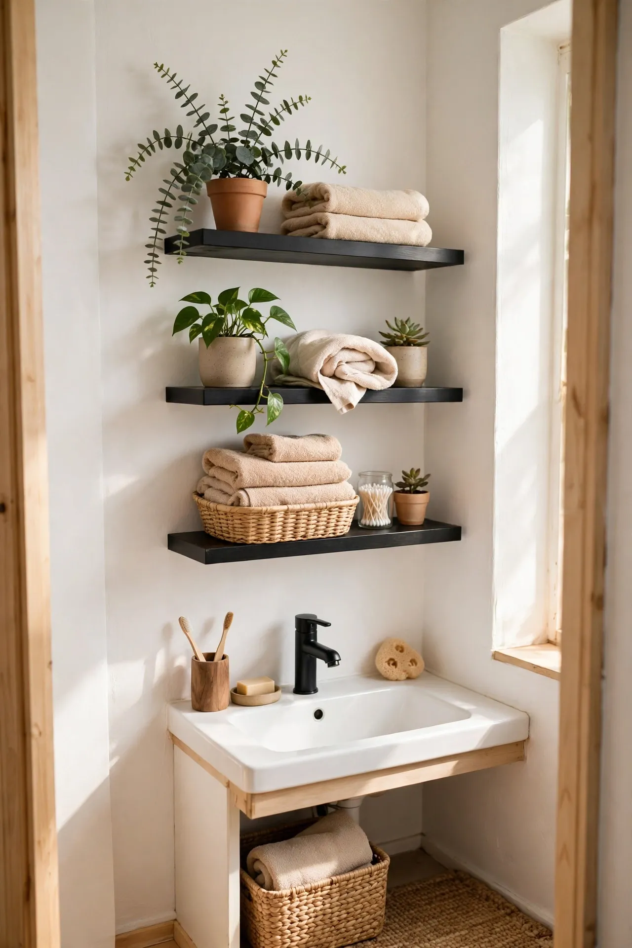 Black Open Shelves on White Wall in a budget-friendly bathroom with natural light