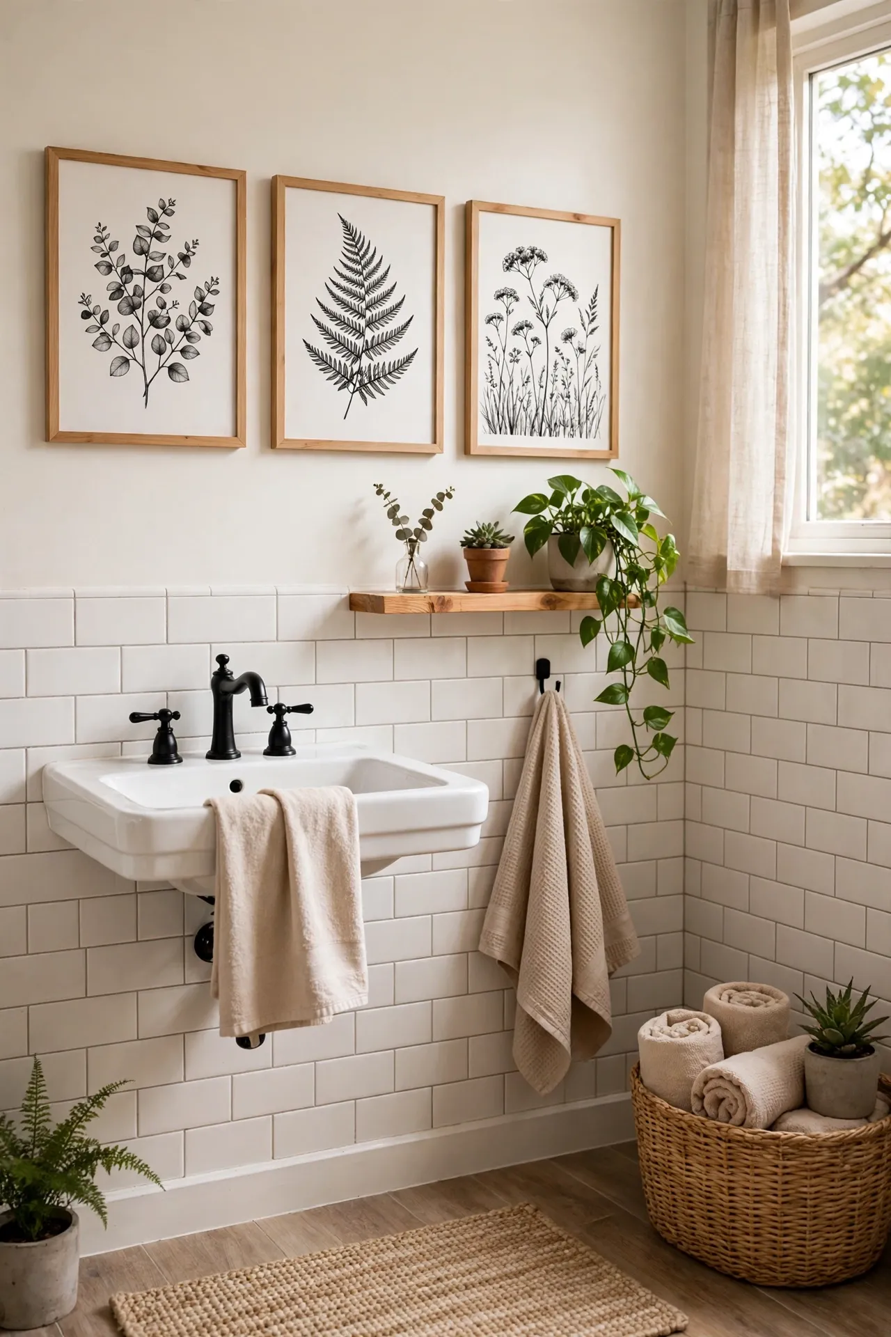 Monochrome Botanical Wall Art Set in a budget-friendly bathroom with natural light