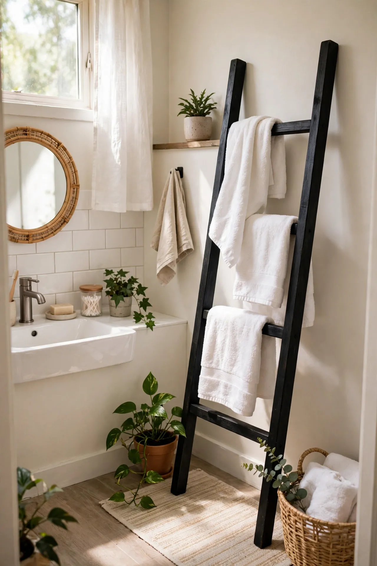 Black Towel Ladder With White Towels in a budget-friendly bathroom with natural light
