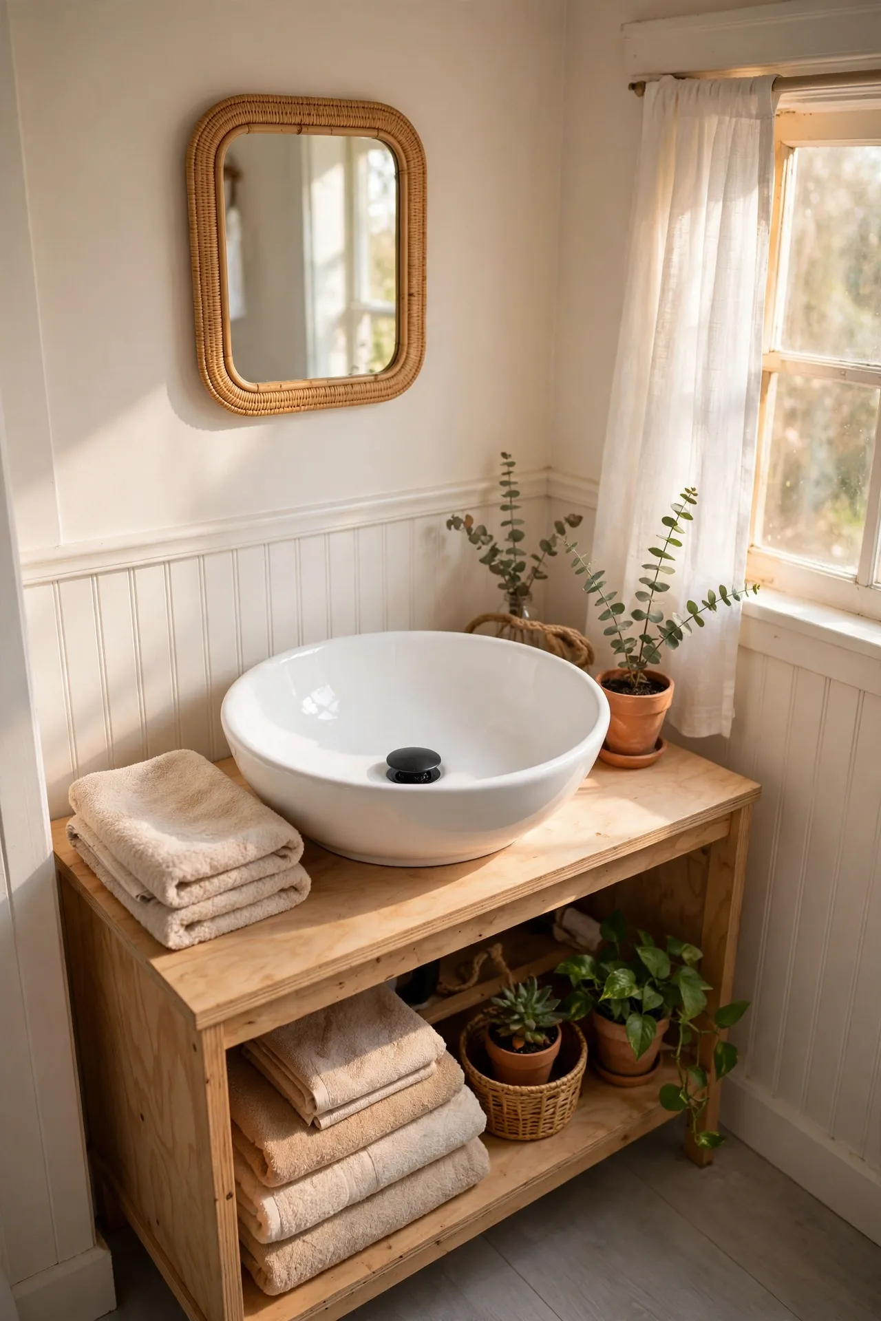 White Vessel Sink With Black Drain in a budget-friendly bathroom with natural light