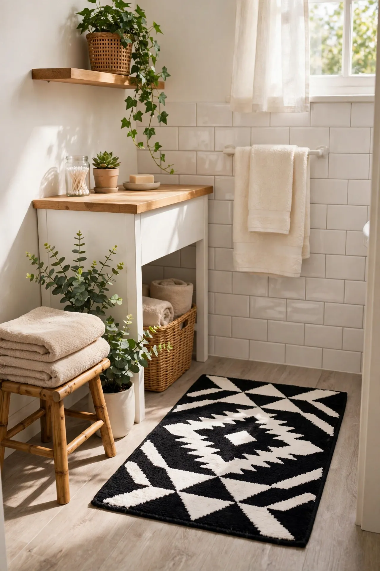 Black and White Geometric Bath Mat in a budget-friendly bathroom with natural light