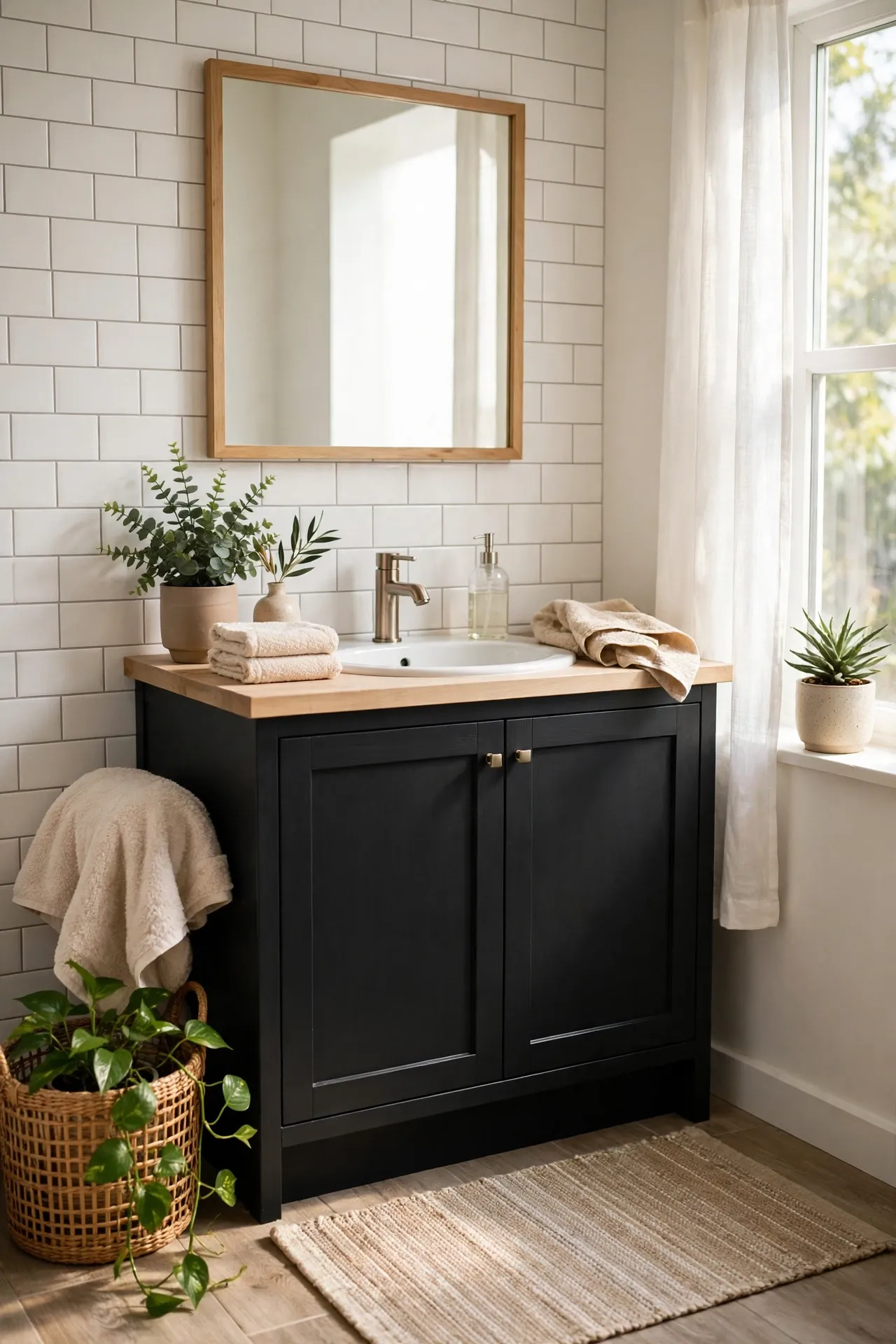Painted Black Lower Vanity Cabinets in a budget-friendly bathroom with natural light