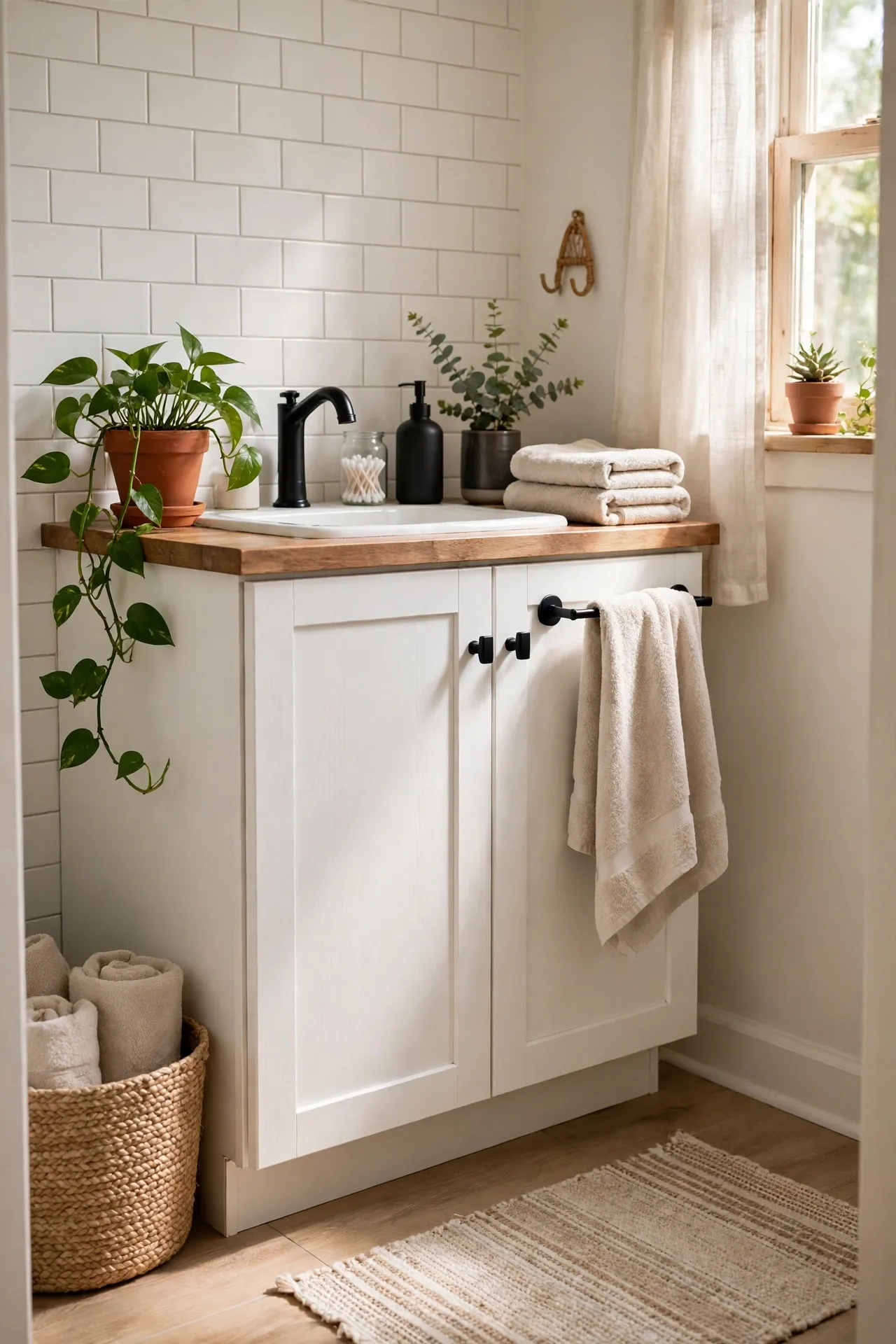 Black Hardware Swap on White Cabinets in a budget-friendly bathroom with natural light