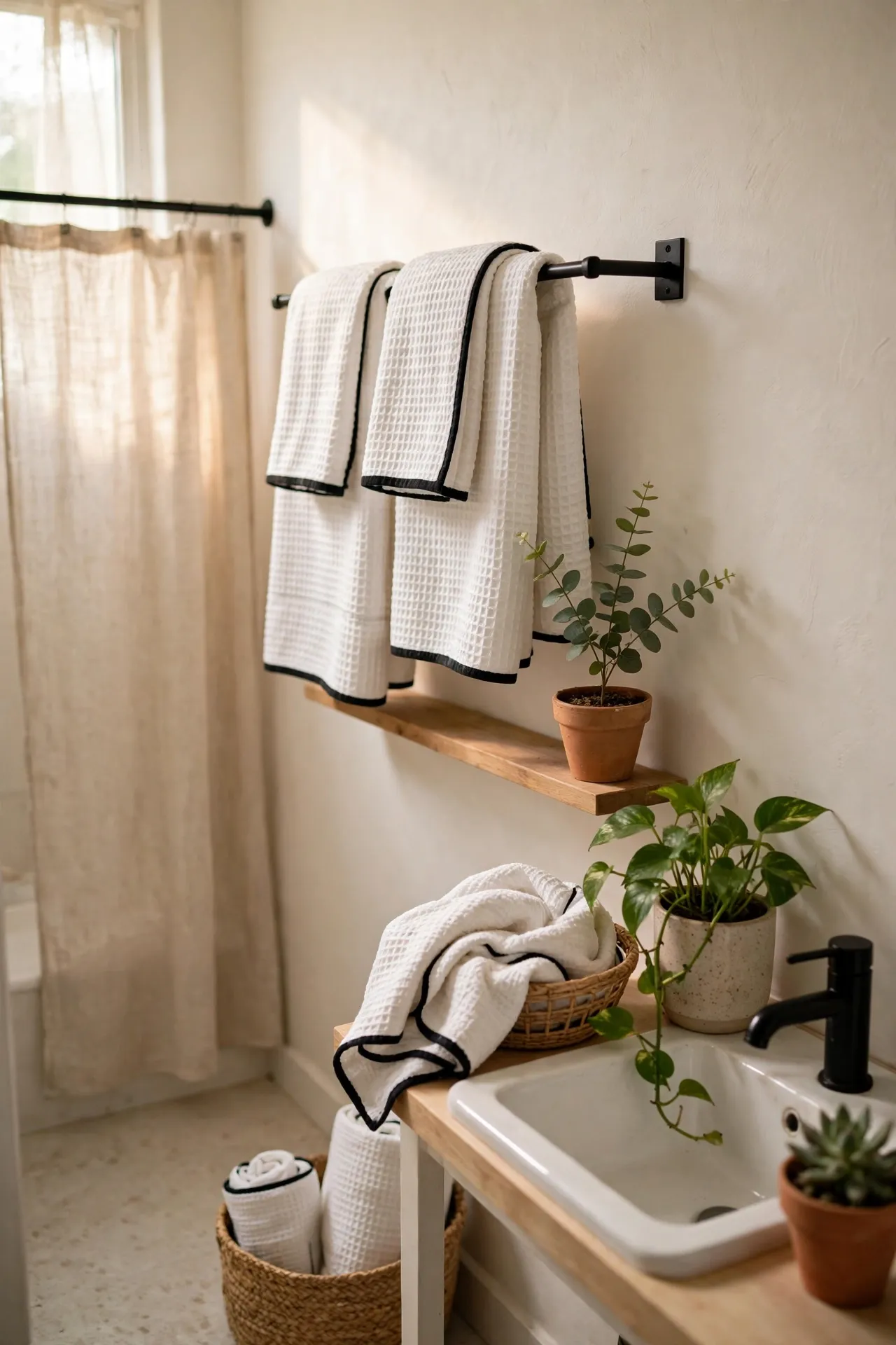 White Waffle Towels With Black Trim in a budget-friendly bathroom with natural light