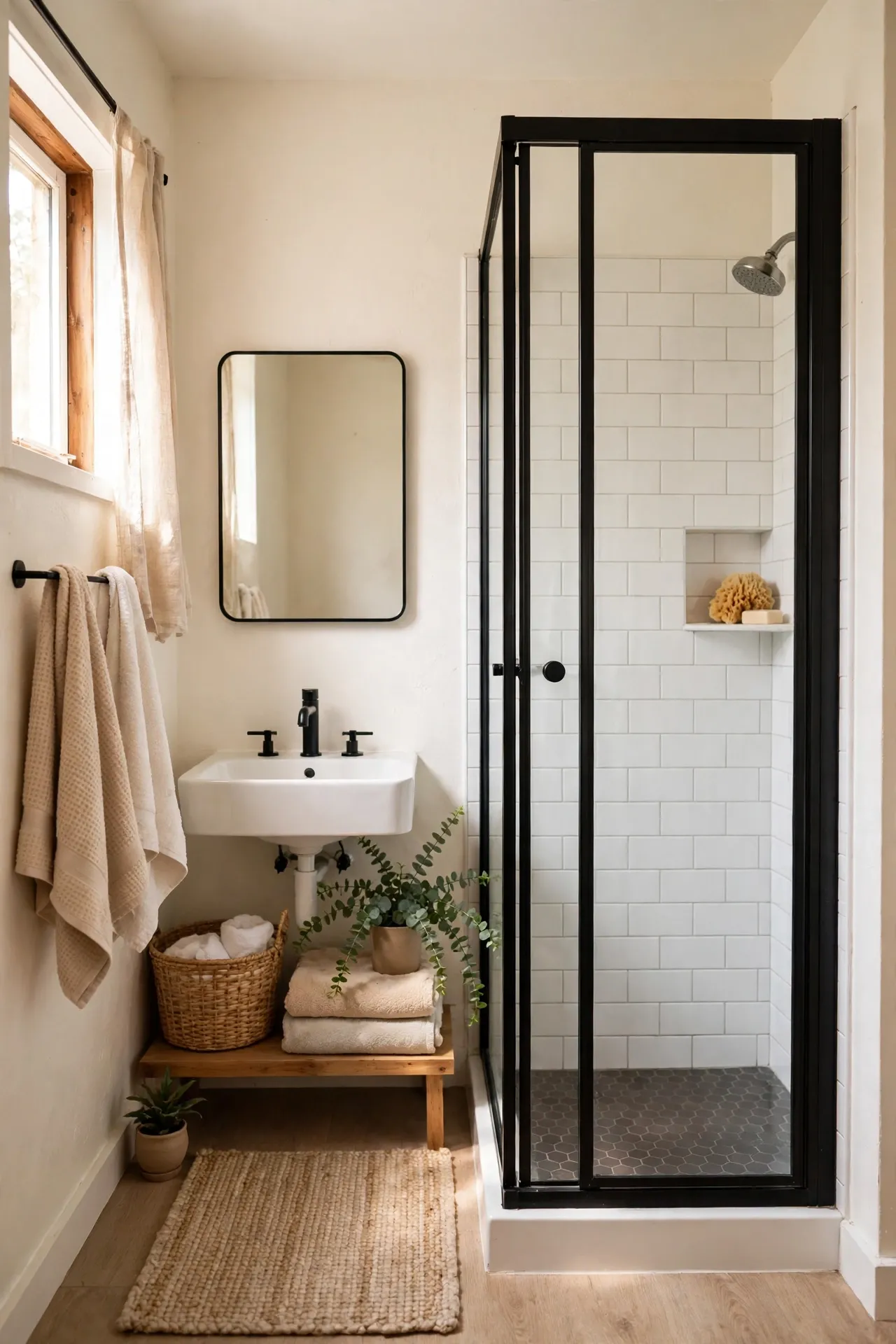 Black Framed Glass Shower Screen in a budget-friendly bathroom with natural light