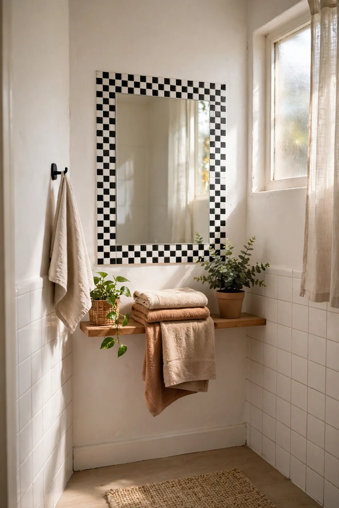Monochrome Tile Border Around Mirror in a budget-friendly bathroom with natural light