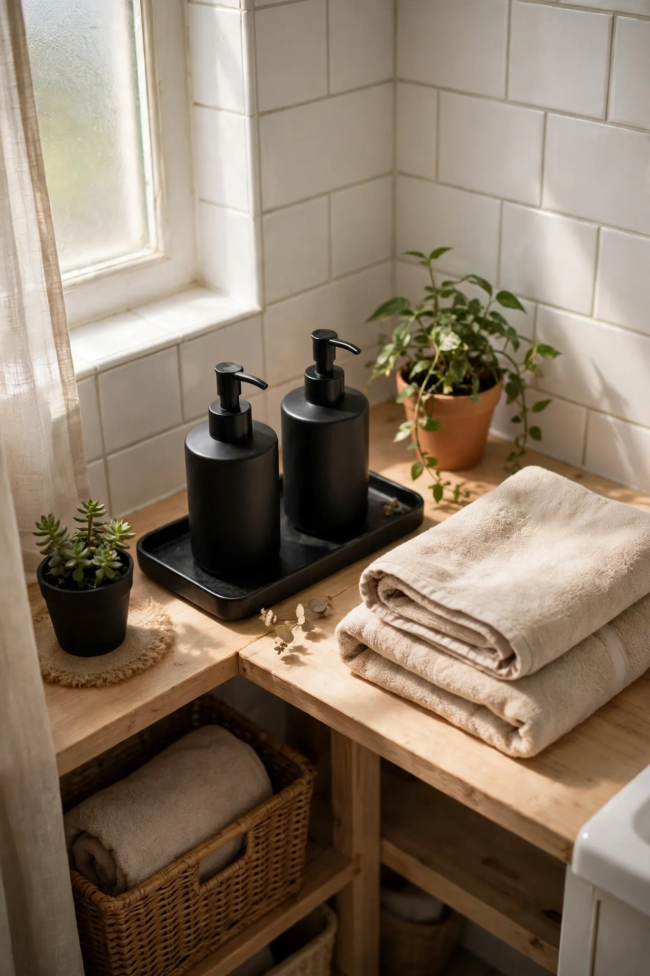 Black Soap Dispensers and Tray Set in a budget-friendly bathroom with natural light