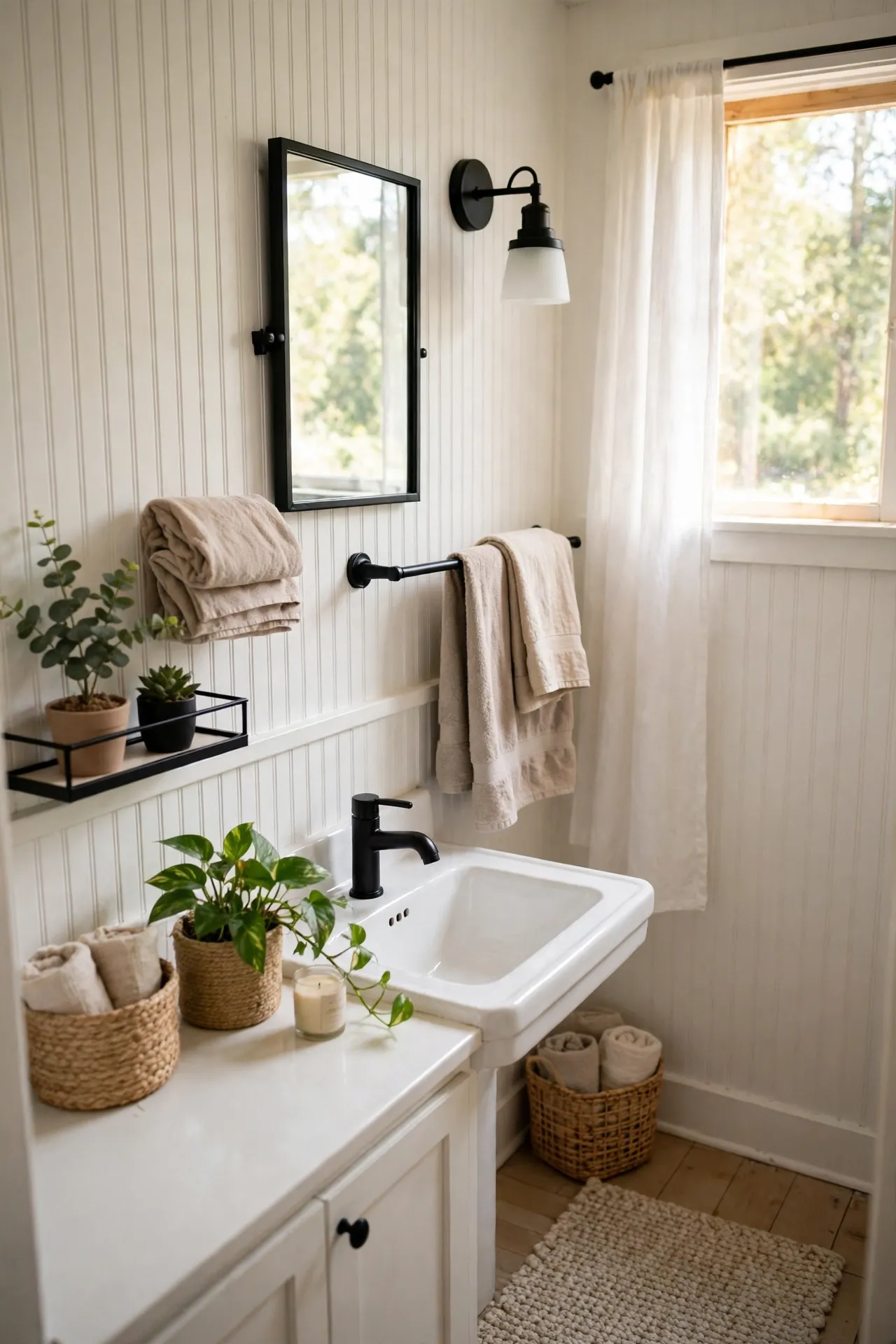 White Beadboard With Black Accents in a budget-friendly bathroom with natural light