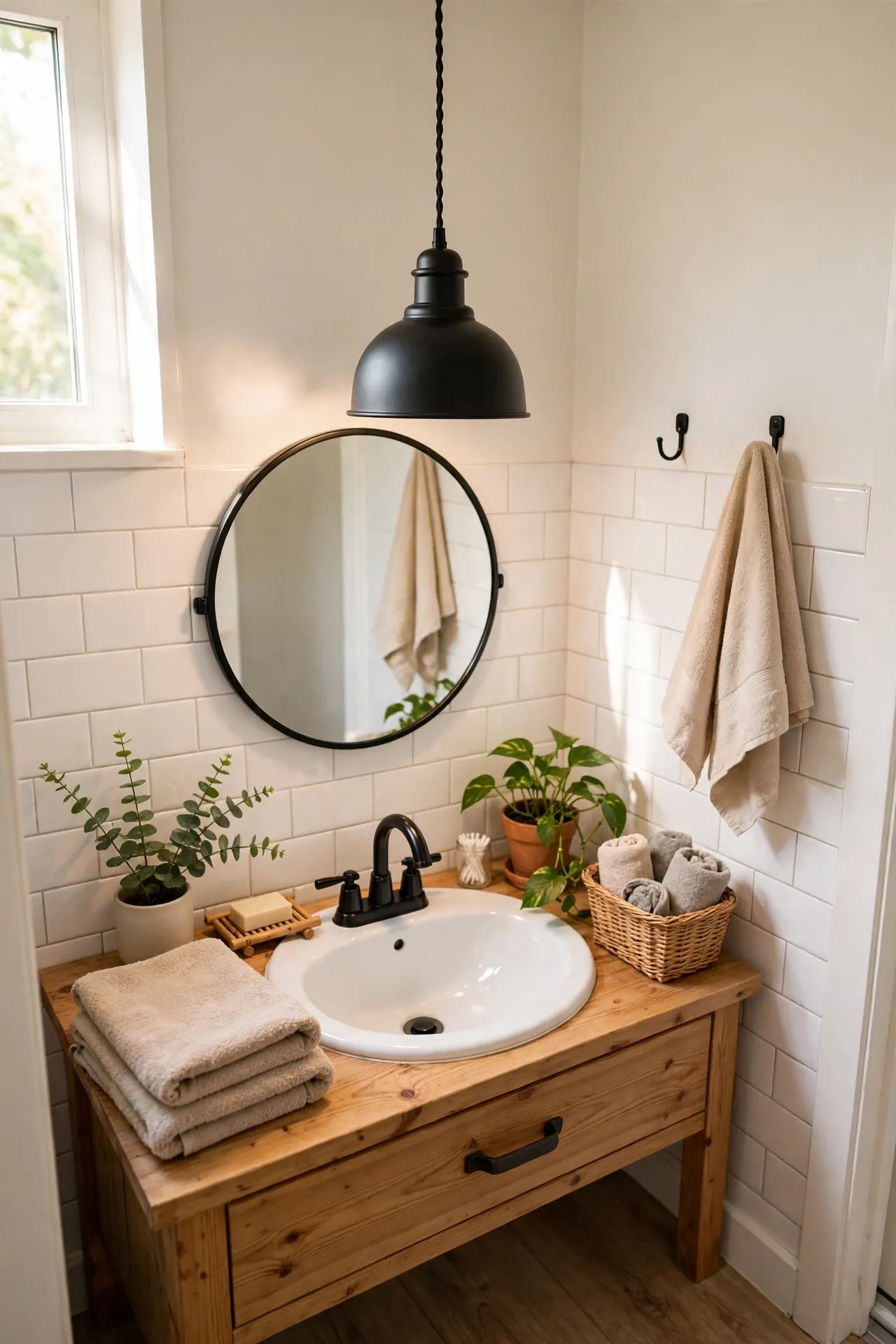 Black Pendant Light Over Vanity in a budget-friendly bathroom with natural light
