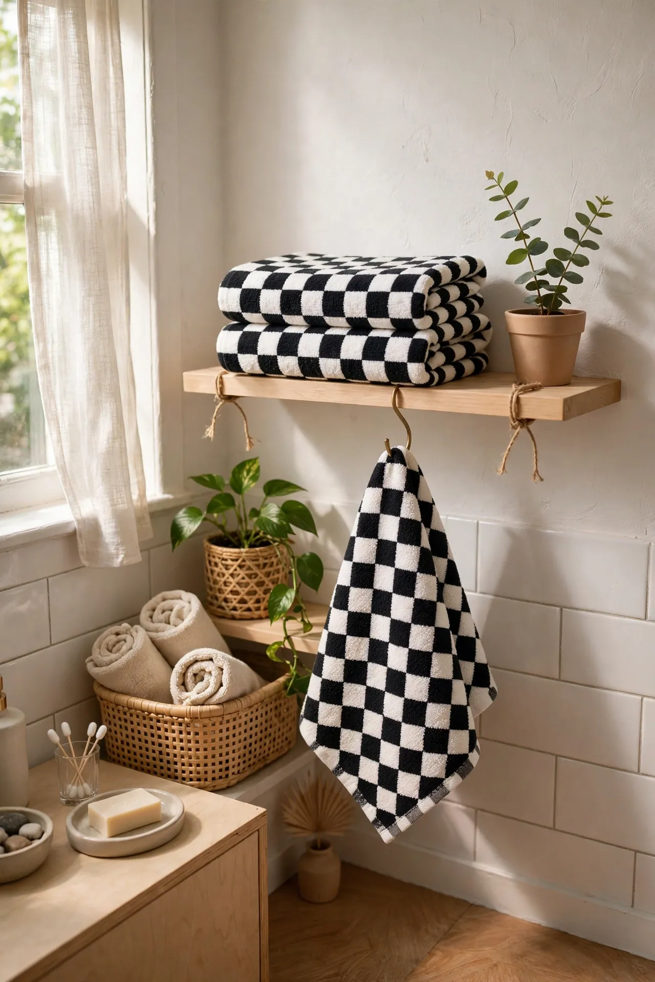 Checkerboard Hand Towels Display in a budget-friendly bathroom with natural light