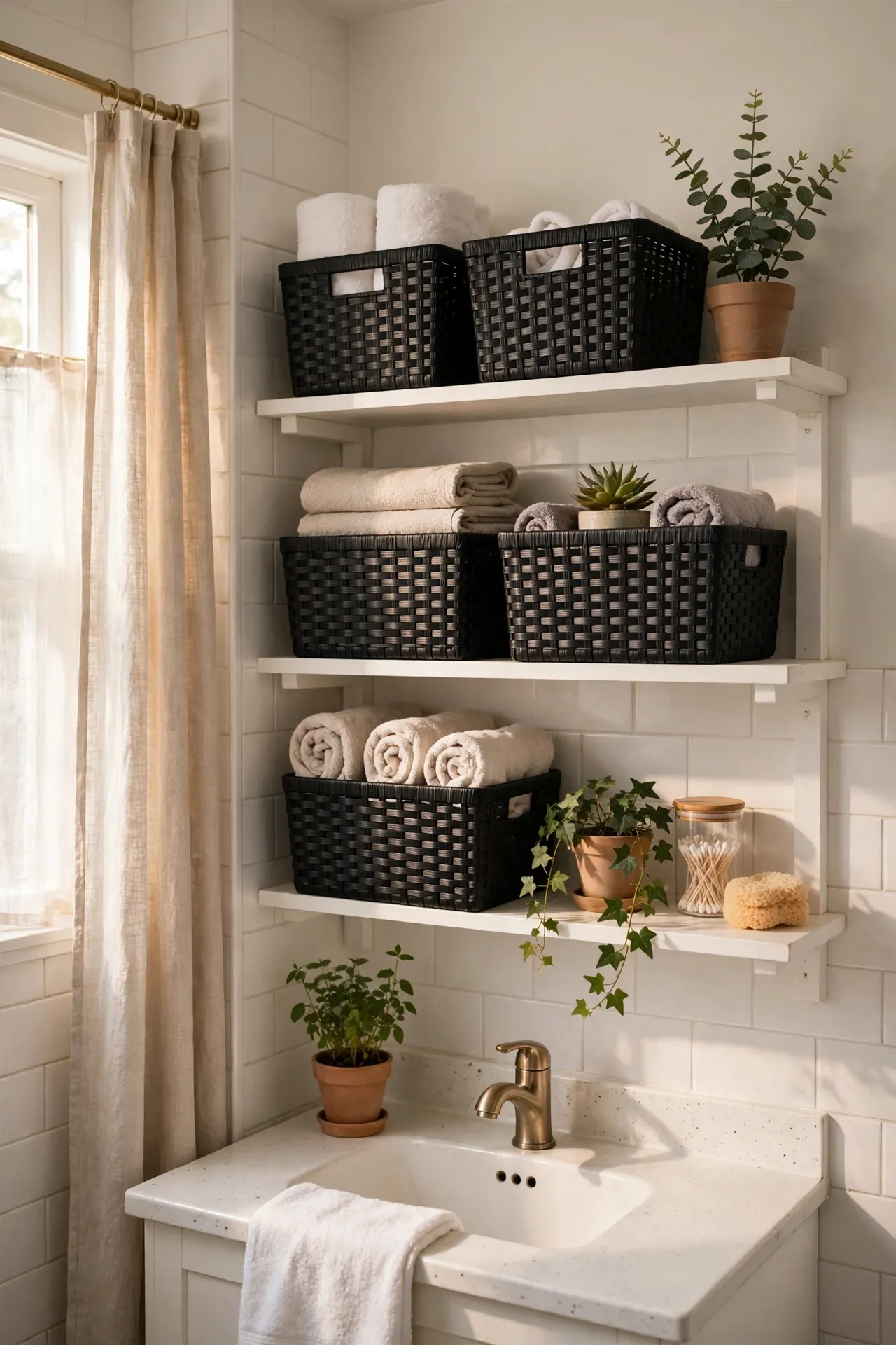 Black Storage Baskets on White Shelves in a budget-friendly bathroom with natural light