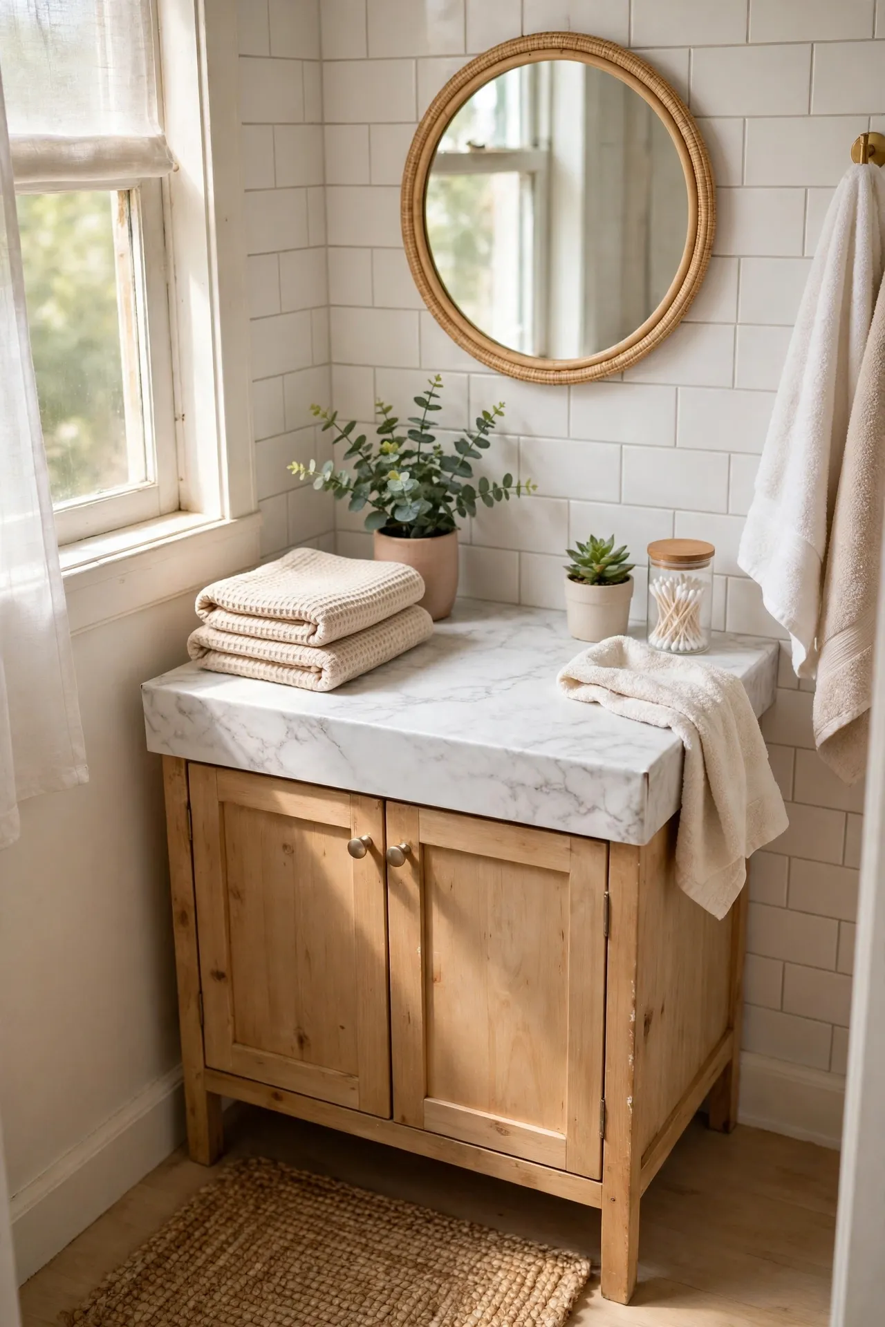 White Marble-Look Contact Paper Vanity Top in a budget-friendly bathroom with natural light