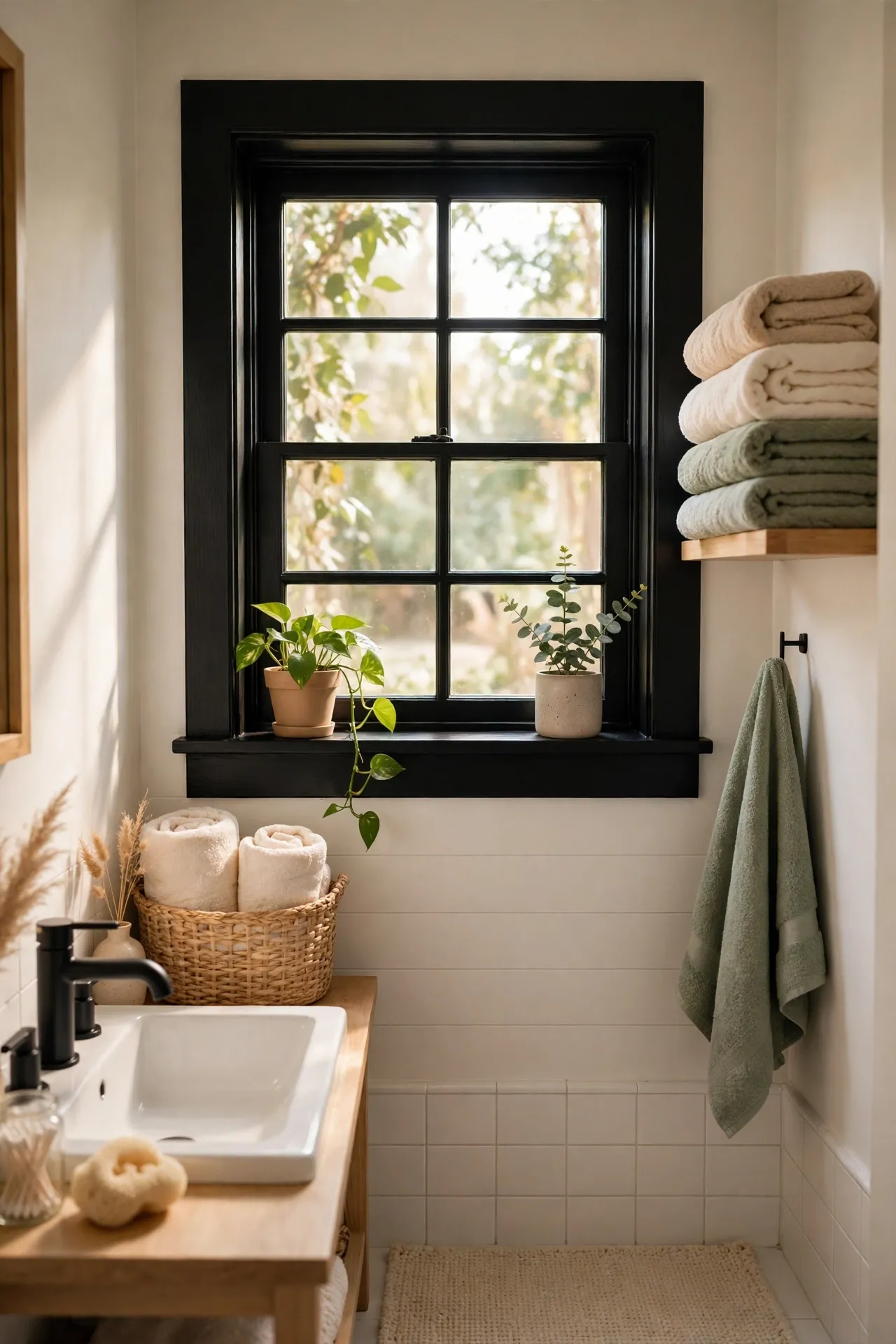 Black Window Frame Paint Refresh in a budget-friendly bathroom with natural light
