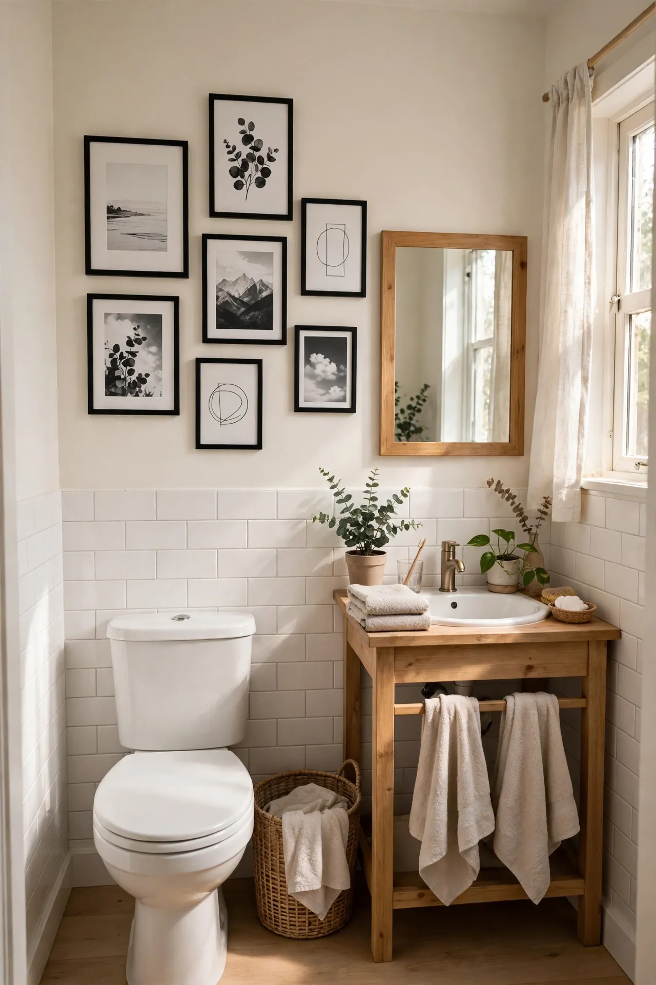 Monochrome Gallery Wall in Hall Bath in a budget-friendly bathroom with natural light
