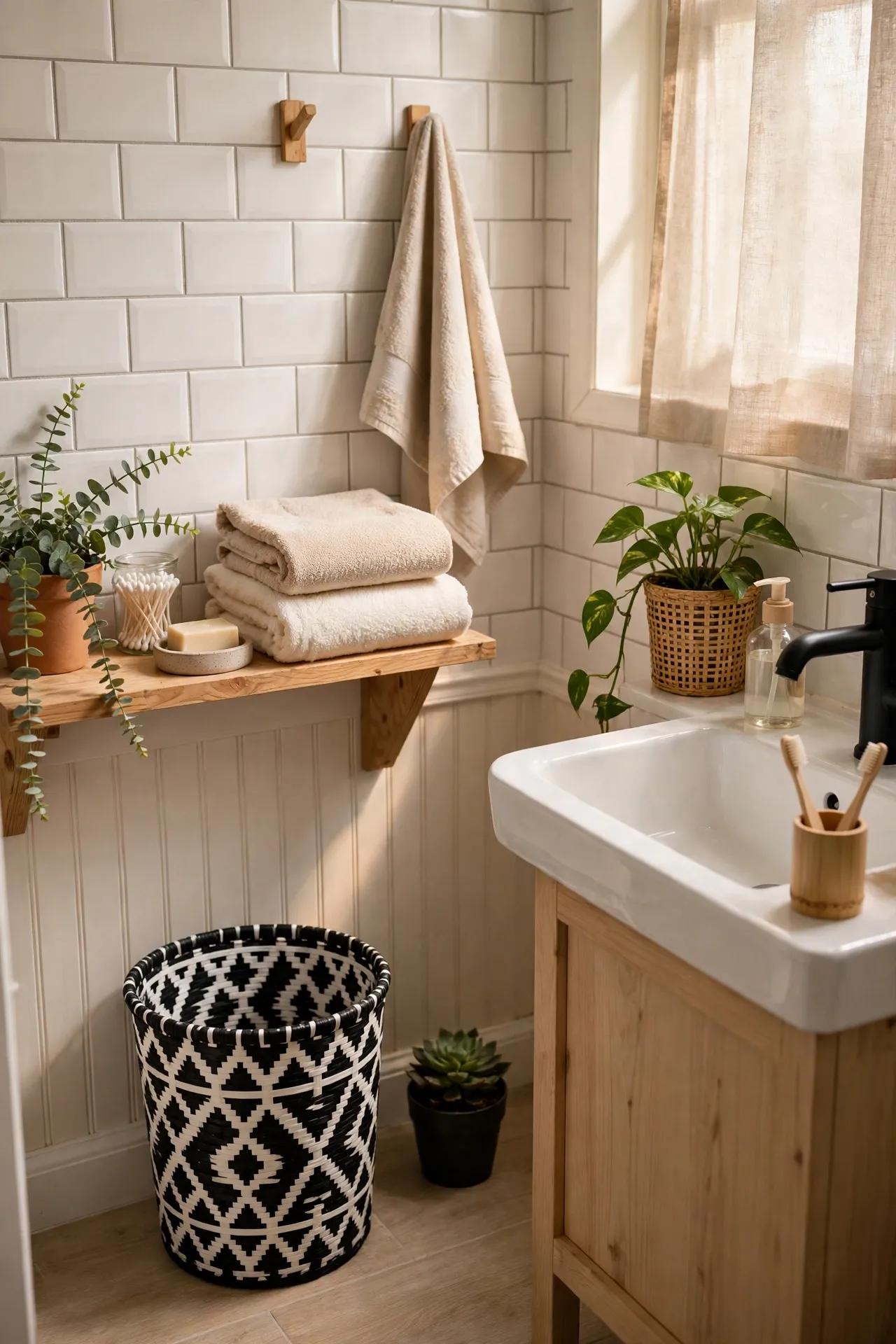 Black and White Patterned Waste Bin and Accessories in a budget-friendly bathroom with natural light