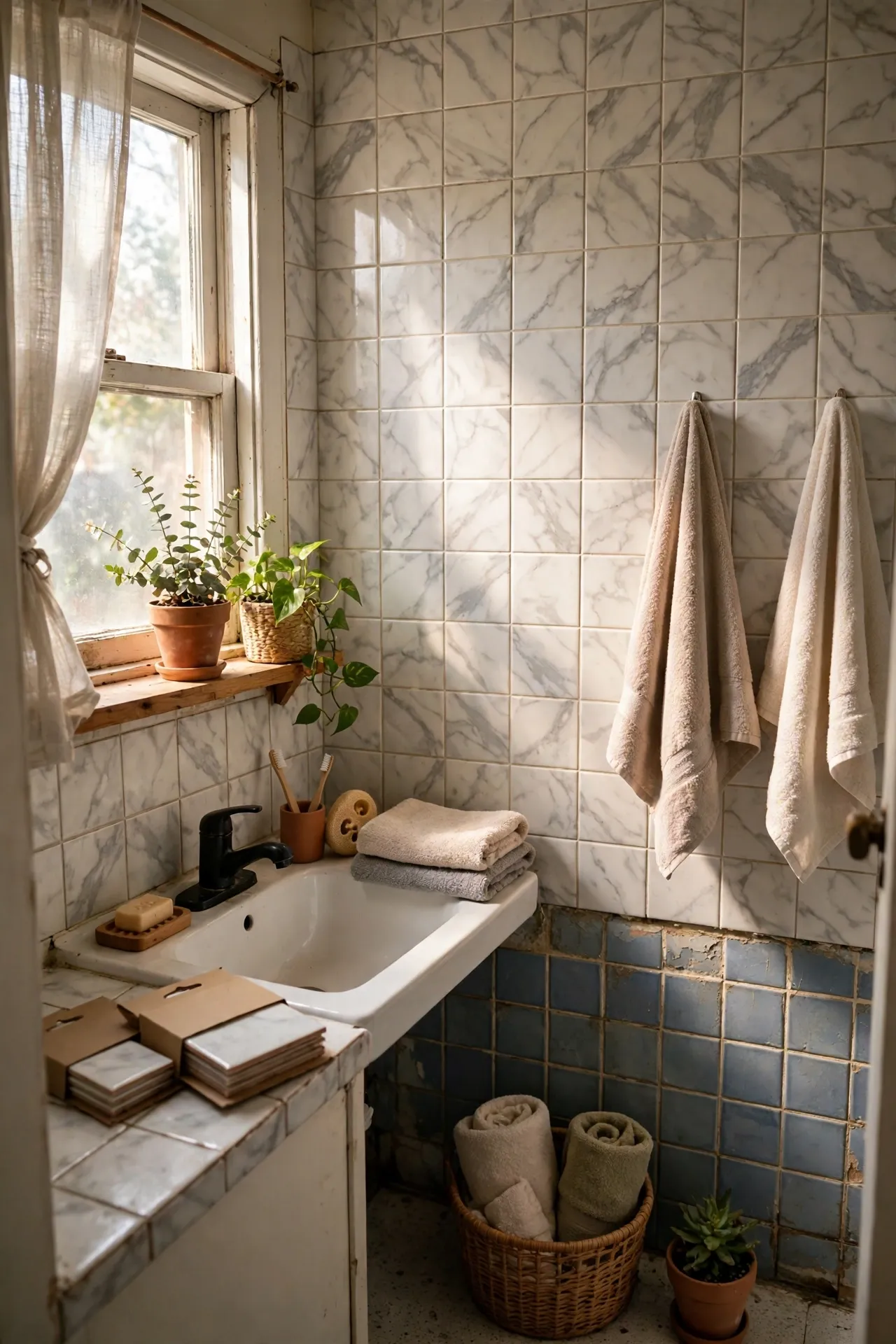 Peel-and-Stick Tiles Over Old Bathroom Tile in a budget-friendly bathroom with natural light