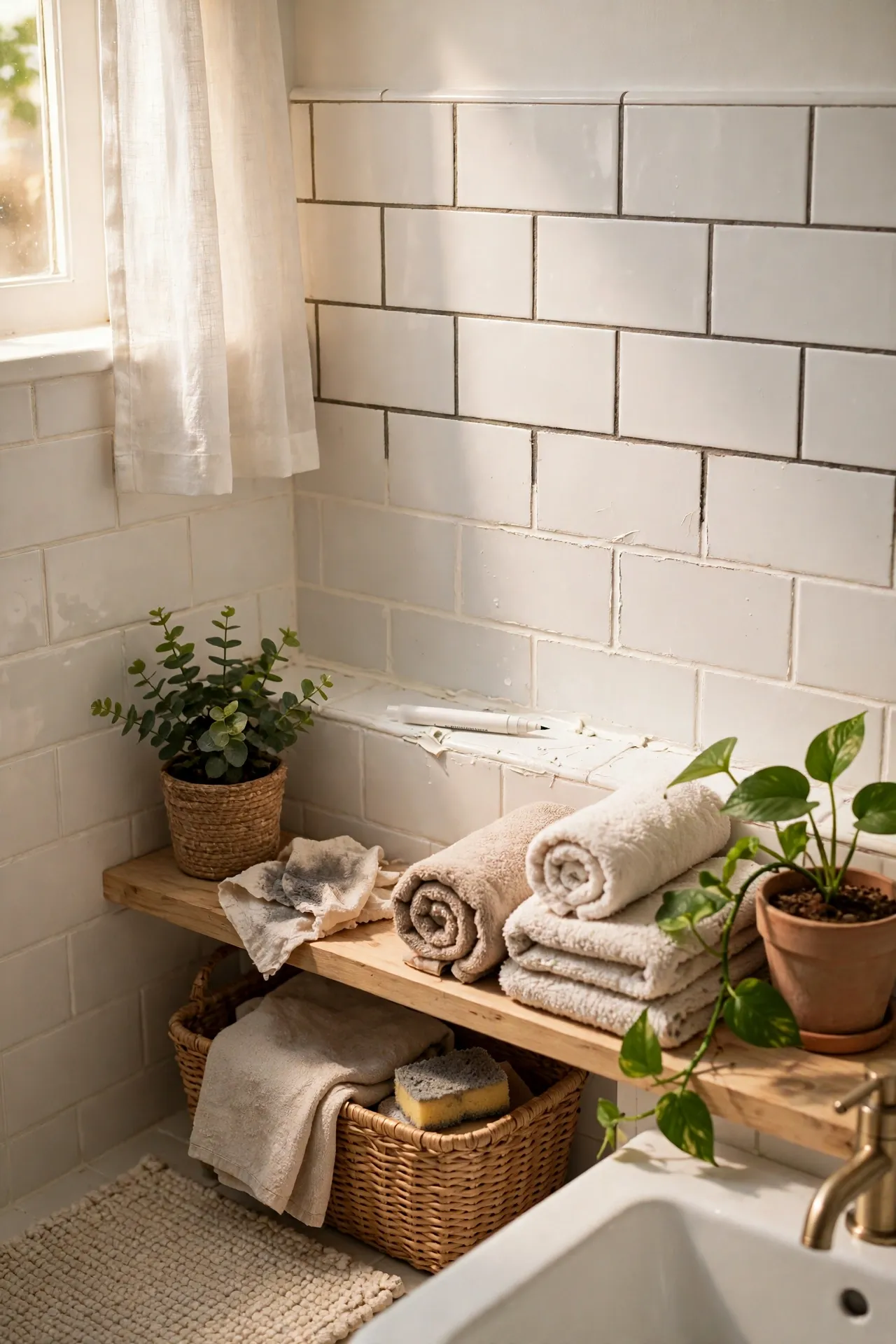Grout Pen Revival for Grimy Tile Lines in a budget-friendly bathroom with natural light