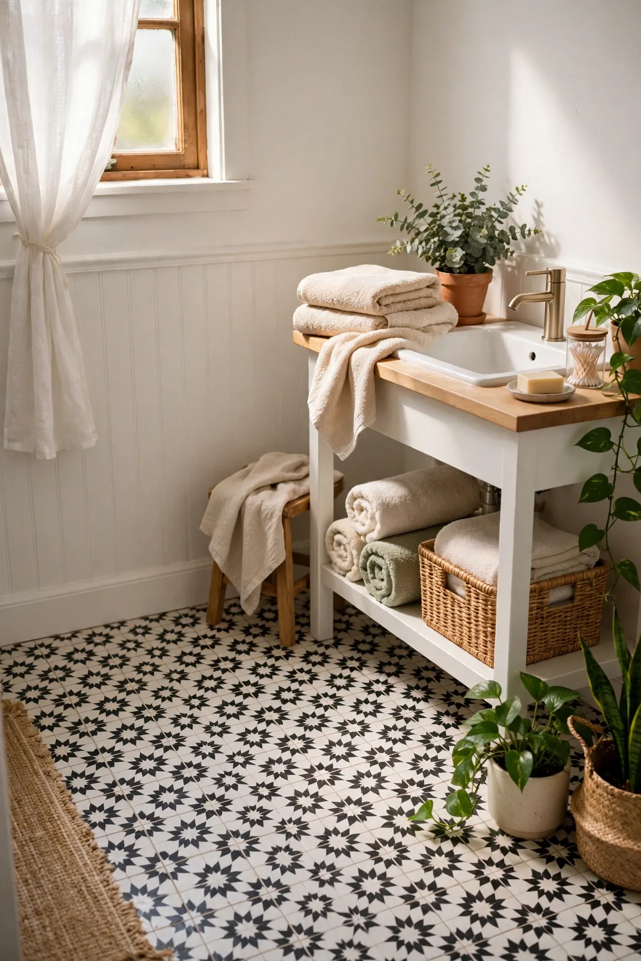 Tile Stickers to Fake a Patterned Floor in a budget-friendly bathroom with natural light