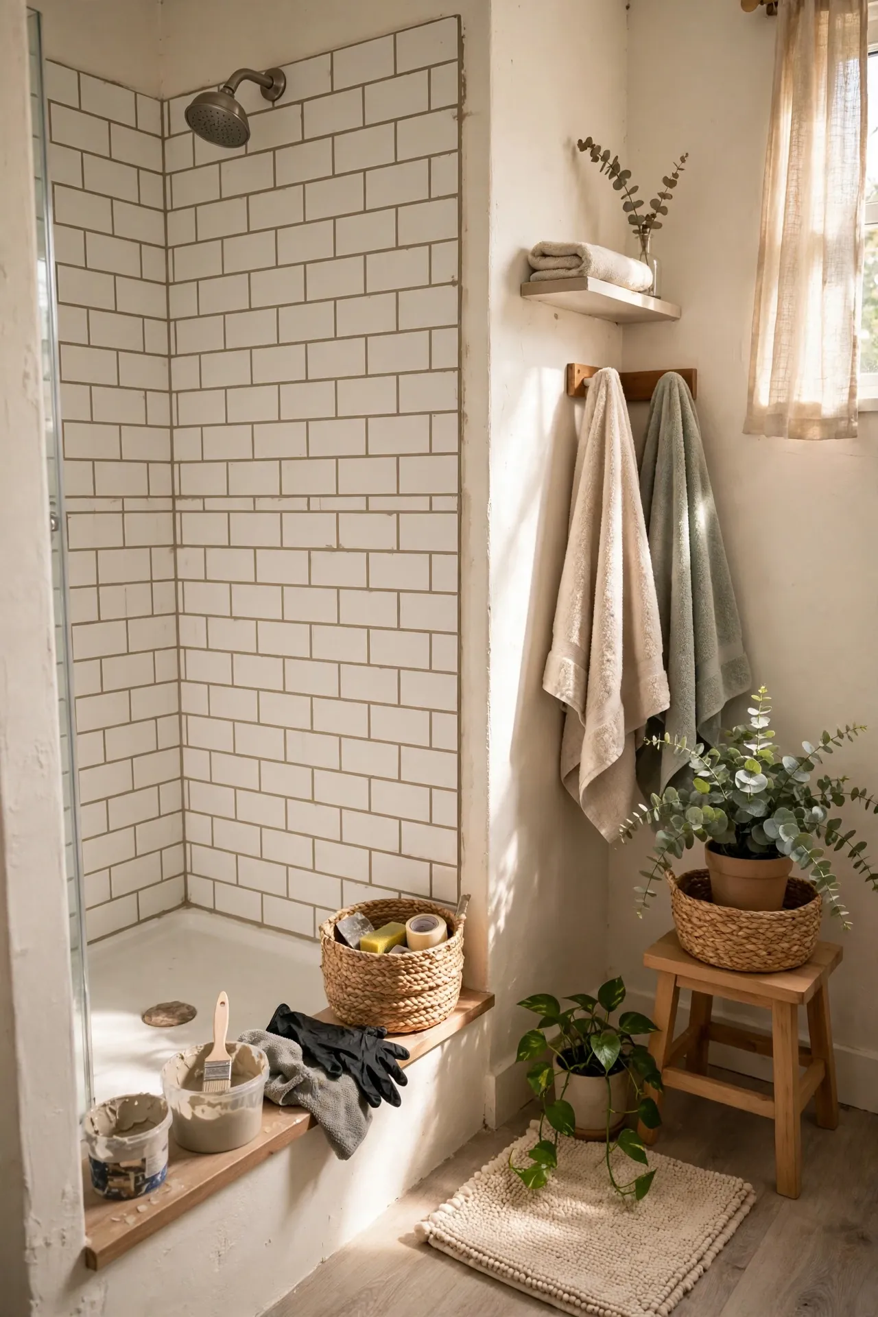 Epoxy Grout Recolour for Shower Tiles in a budget-friendly bathroom with natural light