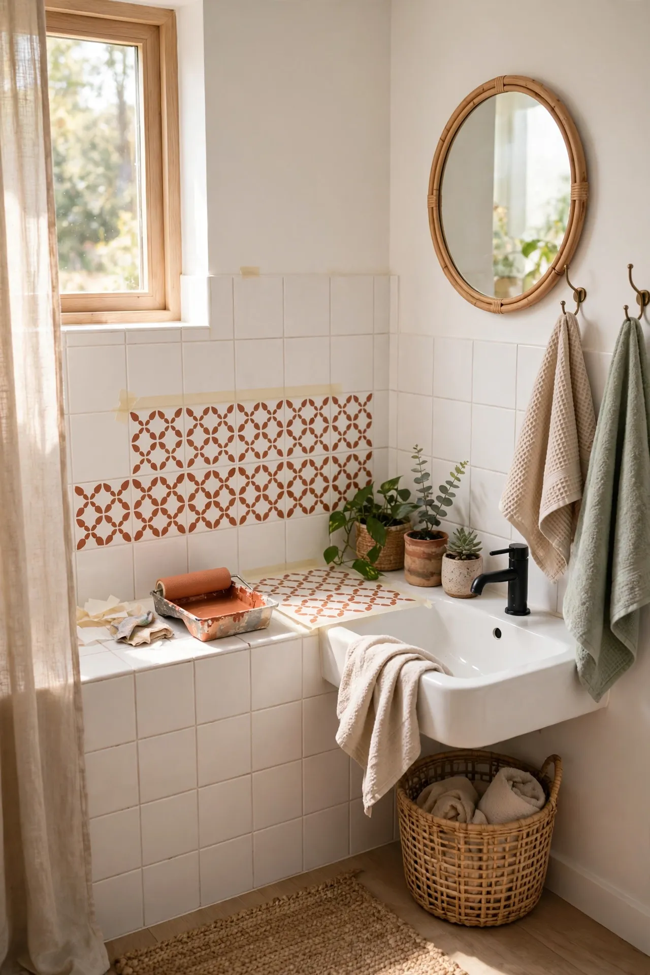 Stencil a Tile Pattern Over Plain Tiles in a budget-friendly bathroom with natural light