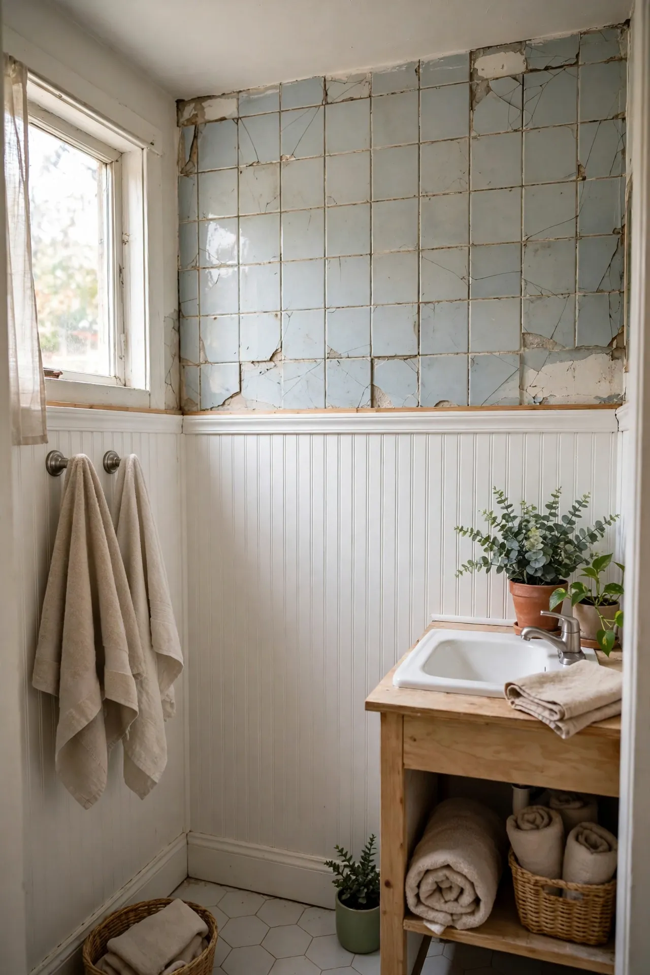 Beadboard Panels Over Damaged Wall Tiles in a budget-friendly bathroom with natural light
