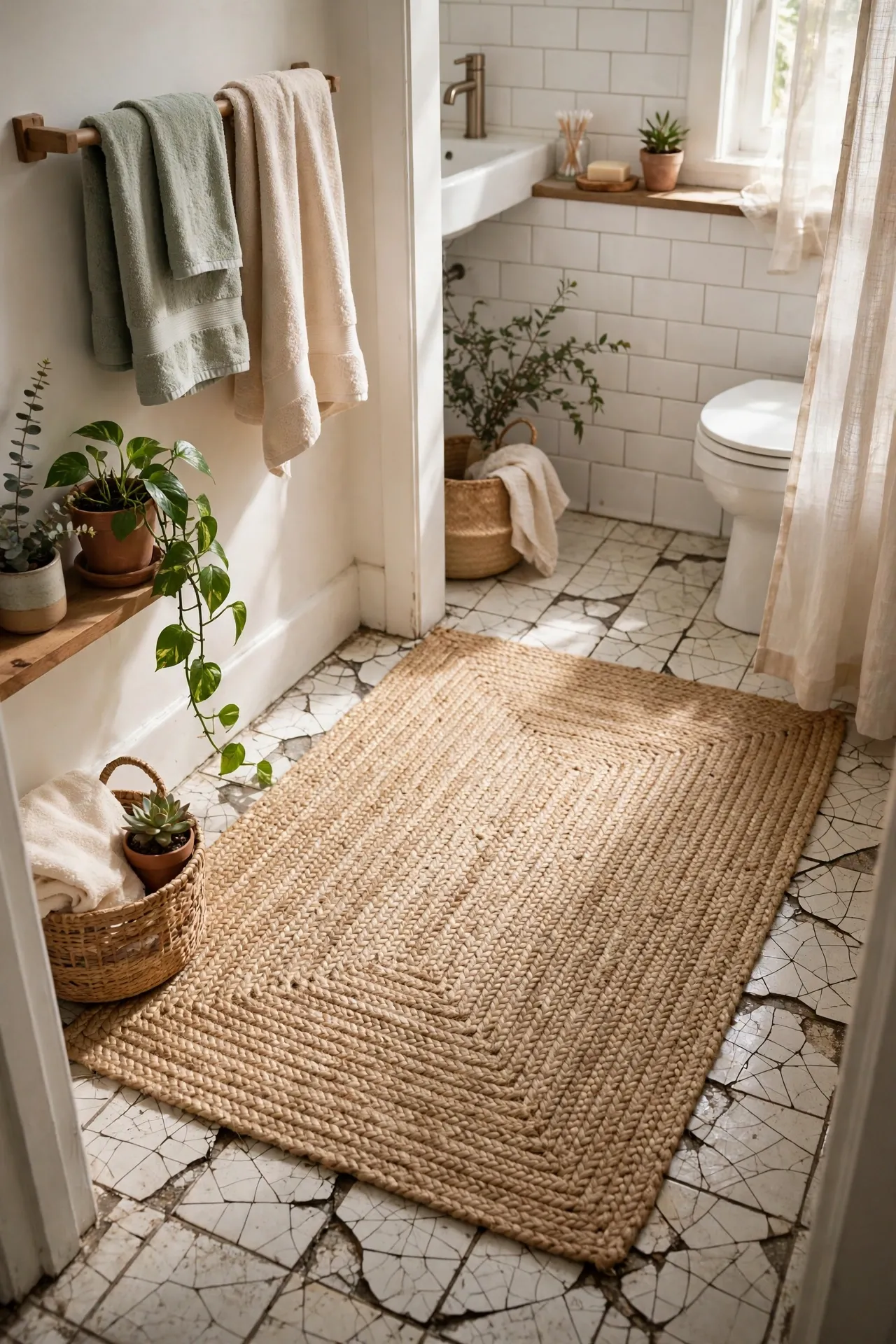 Large Bath Mat to Hide Cracked Floor Tiles in a budget-friendly bathroom with natural light