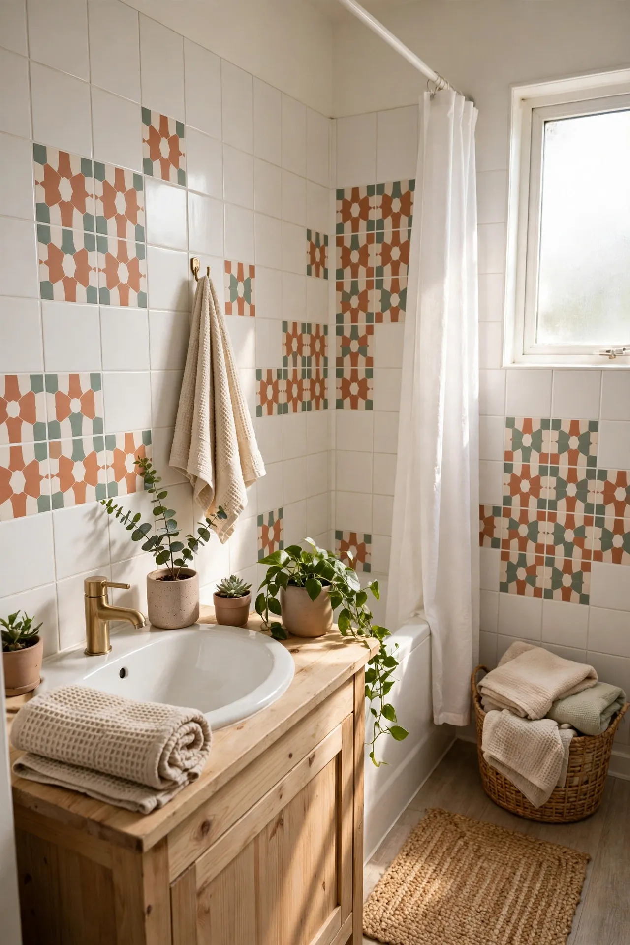 Removable Tile Decals for a Rental Bathroom in a budget-friendly bathroom with natural light