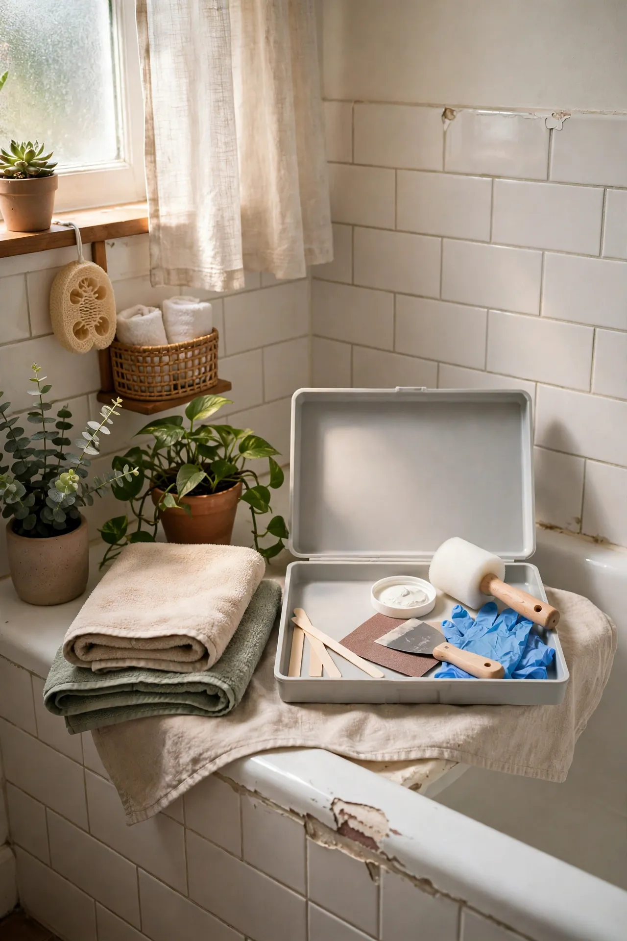 Tile Refinishing Kit for a Chipped Tub Surround in a budget-friendly bathroom with natural light