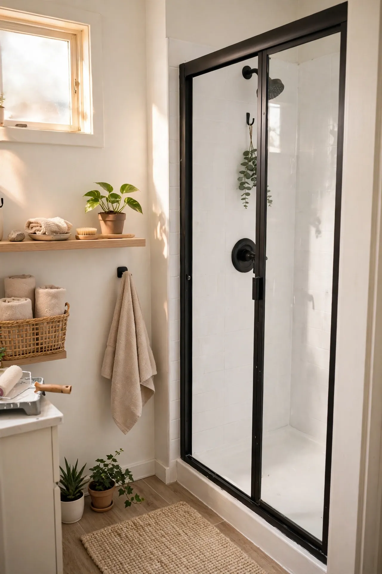 White Tile Paint for a Dark Shower in a budget-friendly bathroom with natural light